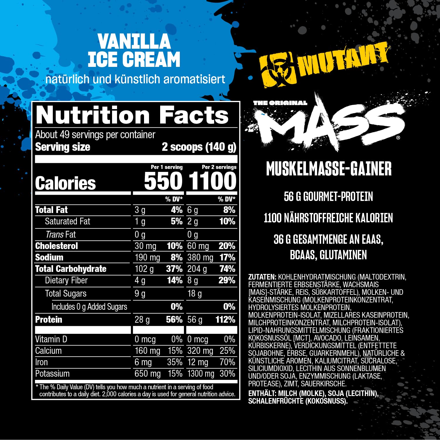 MUTANT Mass | Muskelaufbau | 1100 Kalorien, 56 g Protein, Vollwert-Kohlenhydrate, BCAAs und Glutamin | Ultimativer Hardcore Weight Gainer Shake | 6800 g | Vanilleeis