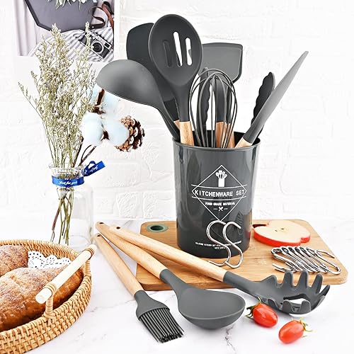 Miniatura 9 de Juego de utensilios de cocina de silicona blanca con soporte de cubo de almacenamiento, mango de madera antiadherente, utensilios de cocina de