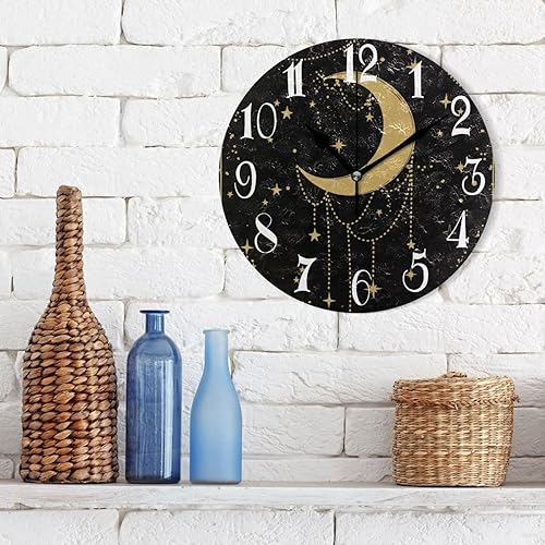 Miniatura 3 de ALAZA Moon and Stars - Reloj de pared redondo negro sin tictac, silencioso y funciona con pilas, reloj decorativo para sala de estar, hogar, oficina