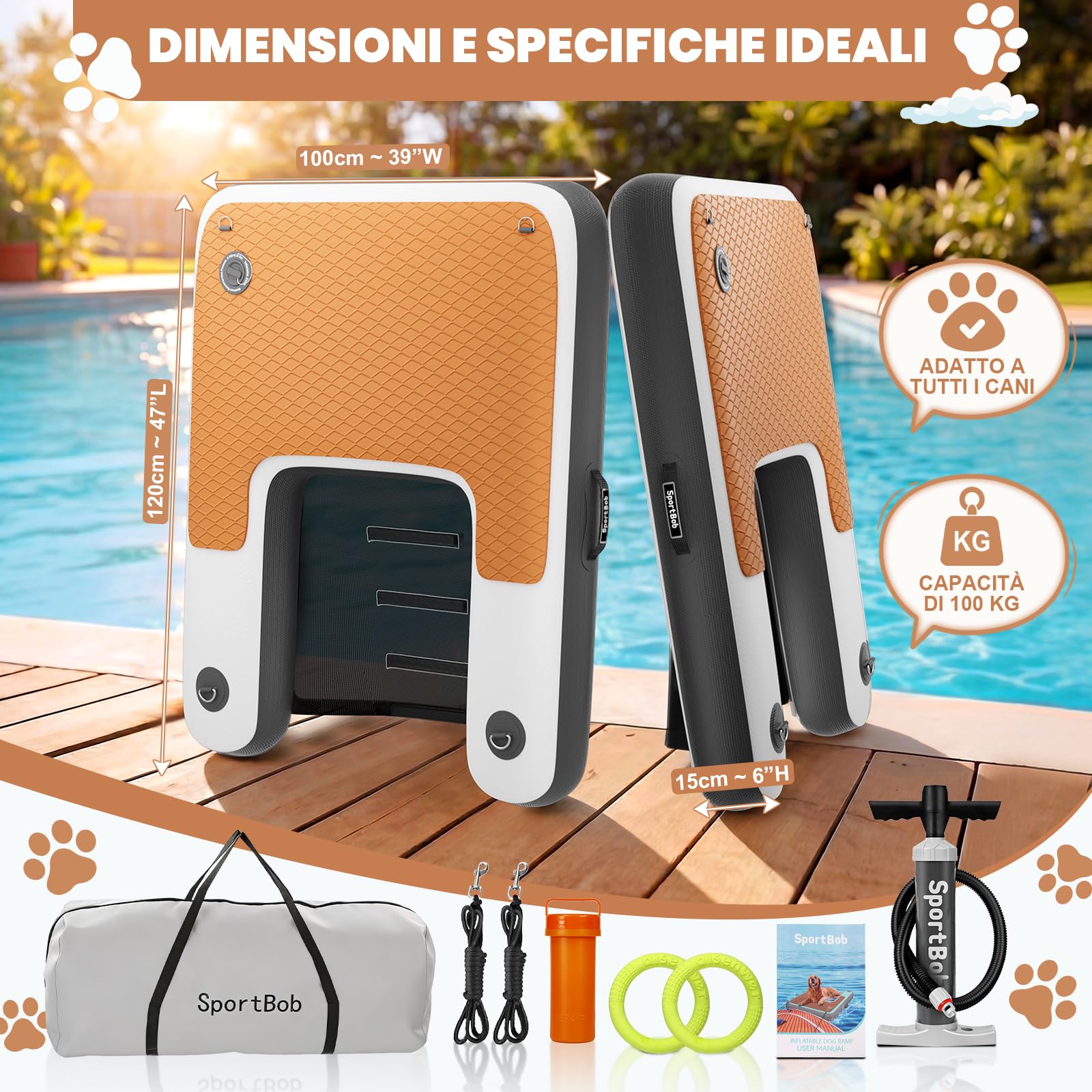 Rampa Gonfiabile per Cani 120 x 100 cm, Resistente agli Strappi e Durevole, Adatta a Cani Fino a 100kg, Ideale per la Piscina, le Barche, i Pontili e i Laghi
