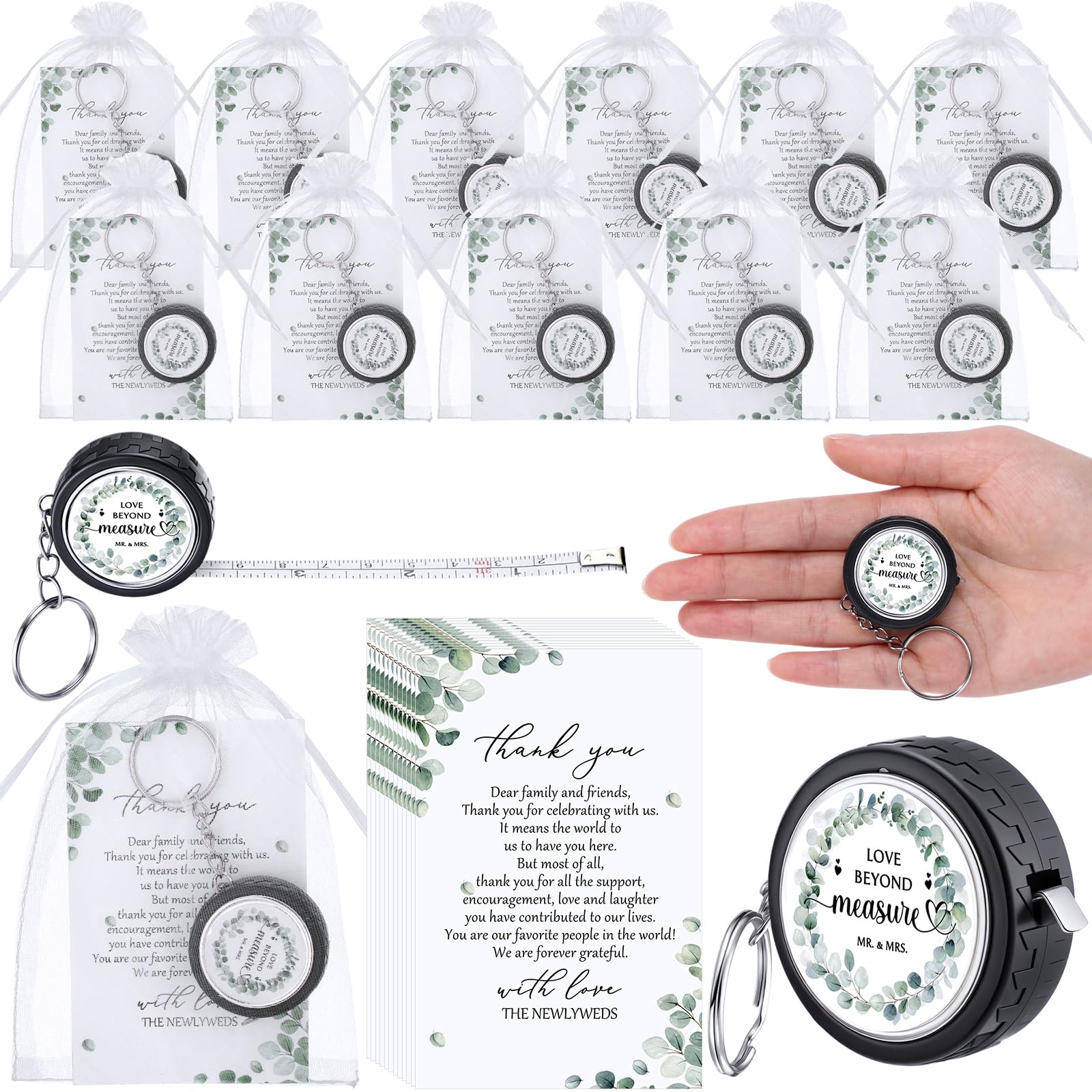 XunYee 25 Sets Wedding Favors for Guests Mini Eucalyptus Retractable Measuring Tape 1 Meter Bridal Shower Measuring Tapes with Keyring Gift Cards and Bags for Wedding Bridal Shower Party Favors