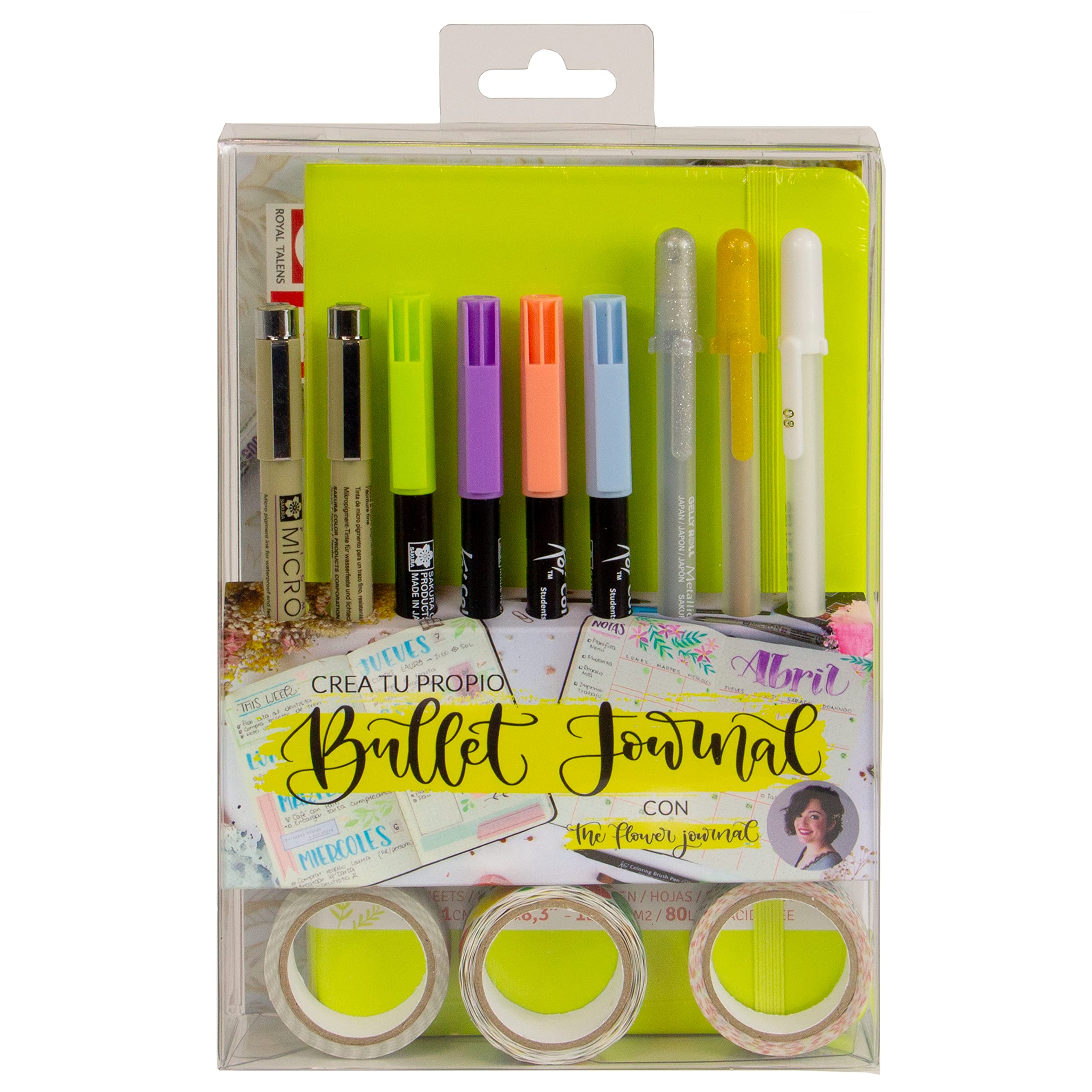 Talens Set creo tu propio bullet journal (verde lima) con The Flower Journal, libreta de puntos, 2 puntafinas, 3 bolígrafos de gel, 4 bolígrafos de pincel, 3 washi tapes, manual paso a paso