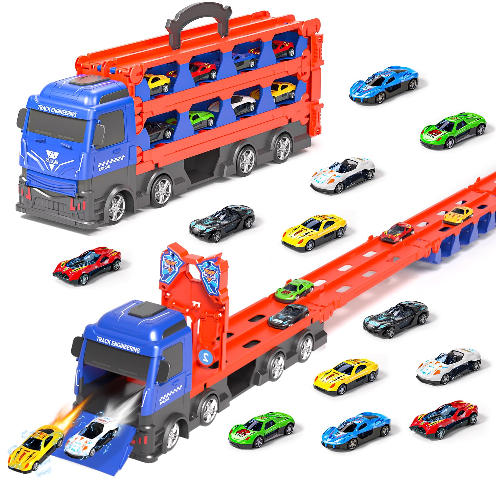 Doloowee vagón catapulta para Juguetes a Partir de 3 años, camión de Transporte portátil Coches de Juguete con 12 Mini Coches de Carreras, Coche transportador de Juguete para niños de 3 4 5 6 7 años