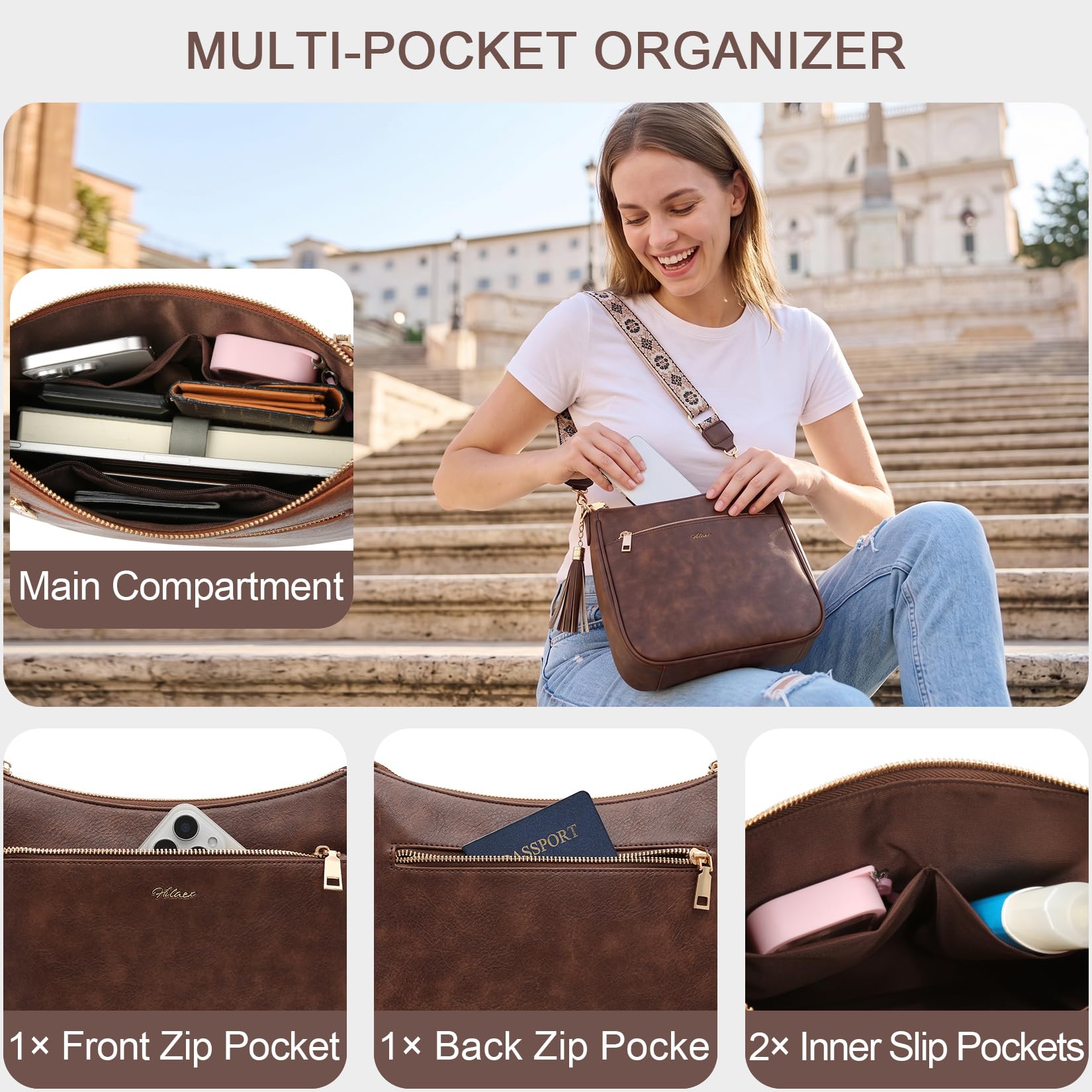 Borsa a tracolla da donna con blocco RFID, antifurto con 3 scomparti, tracolla larga regolabile e rimovibile