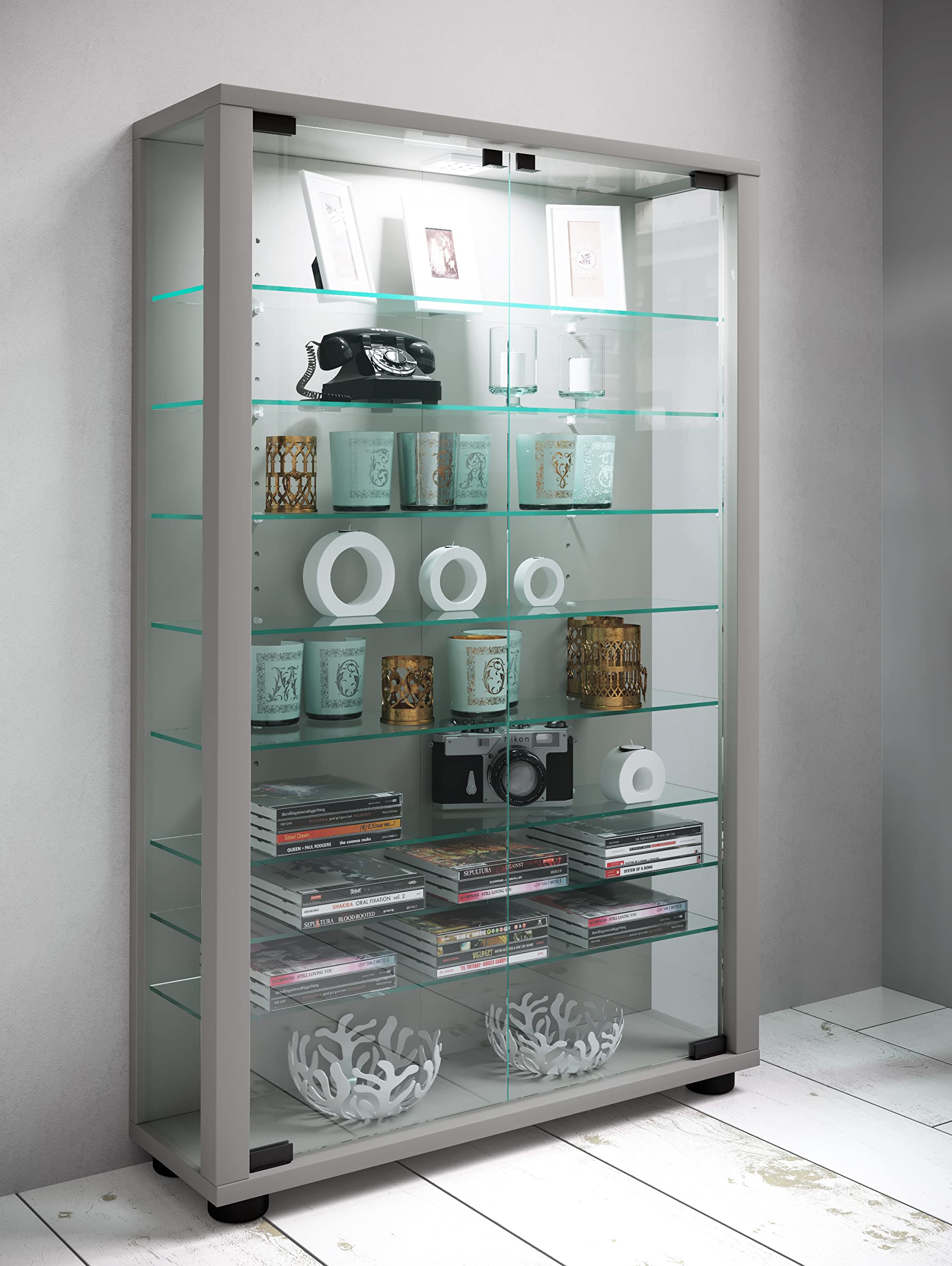 VCM 906131 Lumo Mini Vitrine Indépendante Bois Argent 90 x 59 x 18 cm