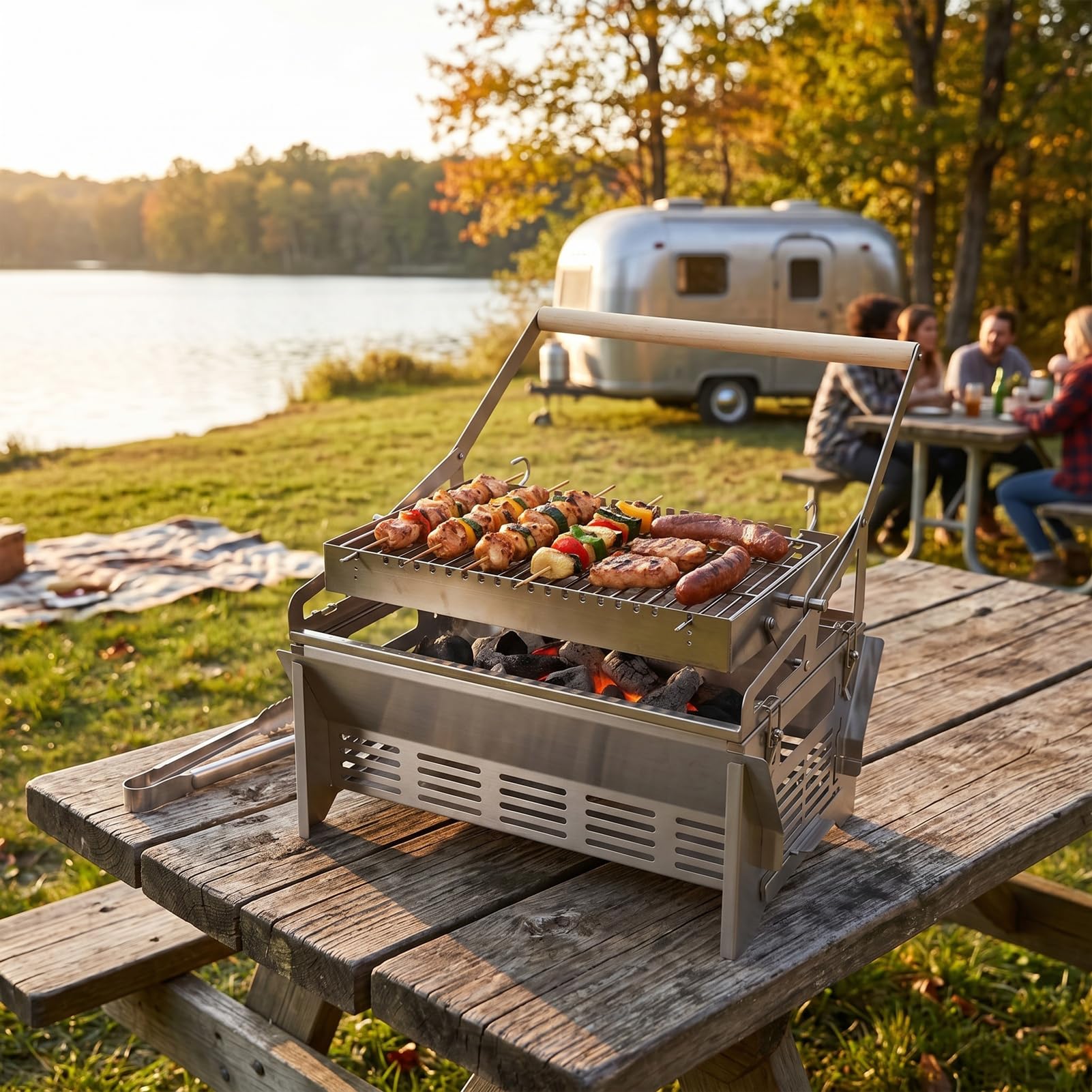 Fdit Obrotowy Grill, Odwracany Grill Węglowy ze Stali Nierdzewnej Przenośne Narzędzie do Grillowania na Piknik Kempingowy Yard Party Gotowanie na świeżym Powietrzu