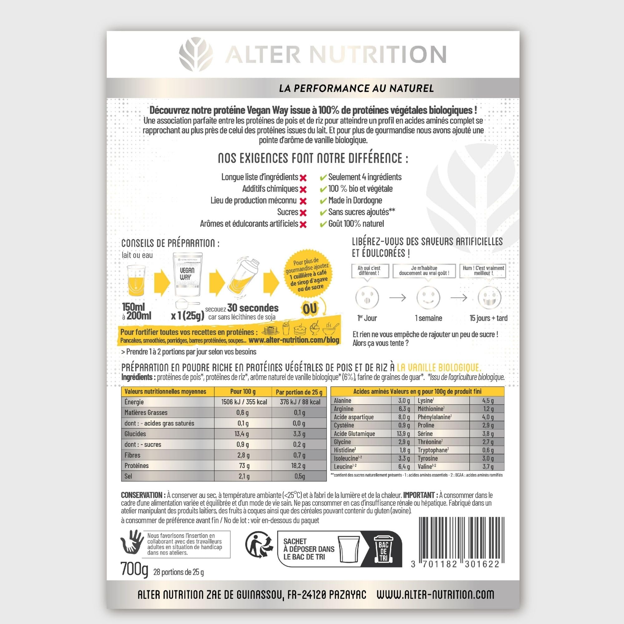 ALTER NUTRITION - Whey Vegan Bio - Vanille - Prise De Masse - Faible En Matières Grasses - Végétarien - Sans Sucres Ajoutés - Fabriqué En France - 18,2g De Protéines Par Portion - Sachet De 700 g