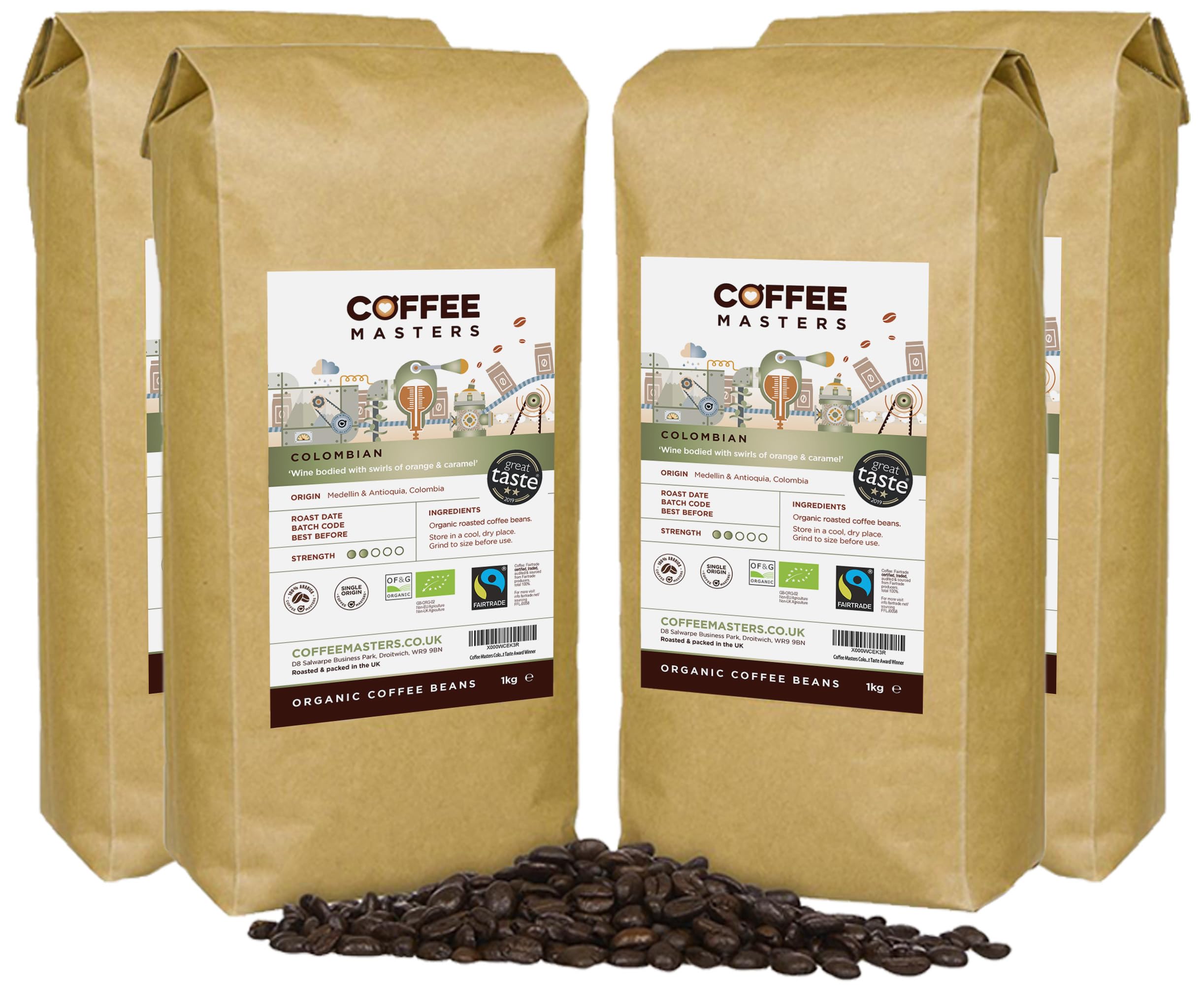 Coffee Masters Colombian Organic Coffee Beans 4x1kg - Fairtrade Single Origin, 100% Arabica - Light Roasted Whole Bean, Ideal for Espresso Machines - Great Taste Award Winner
