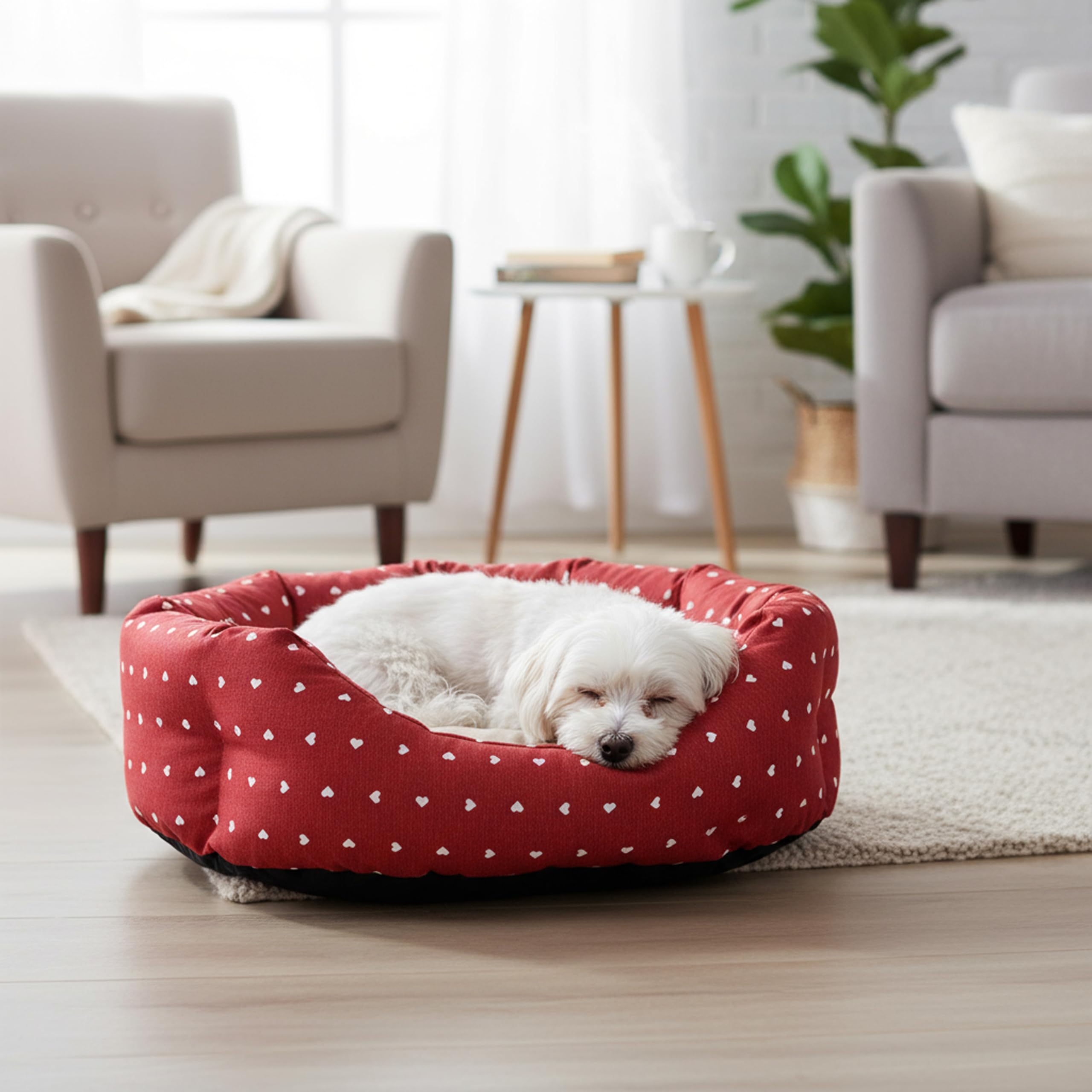 Baroni Home Hundebett aus Stoff, Größe M, weiches rundes Hundematte für Hunde und Katzen, bequem, für Schlafzimmer Wohnzimmer Flur, waschbar (45x55 cm, Beige und Rot mit Herzen)