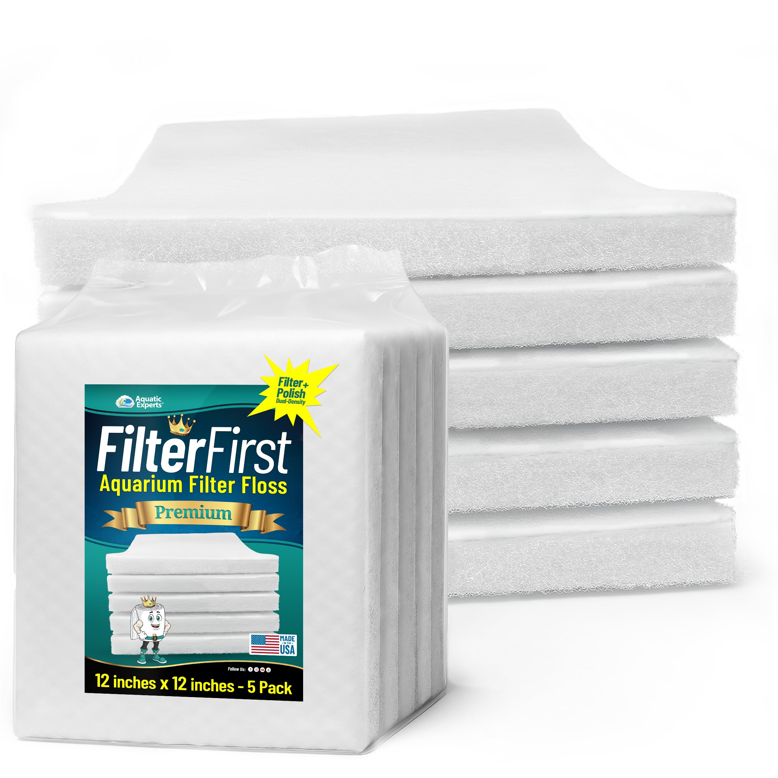 Aquatic Experts Aquarium Filter Floss for Fish Tank Filters - FilterFirst Aquarium Filter Pad - Media Roll for Crystal Clear Water, 3/4" - 1" Thick (12 Inch Wide, 12 Inch Long - 5 Pack)