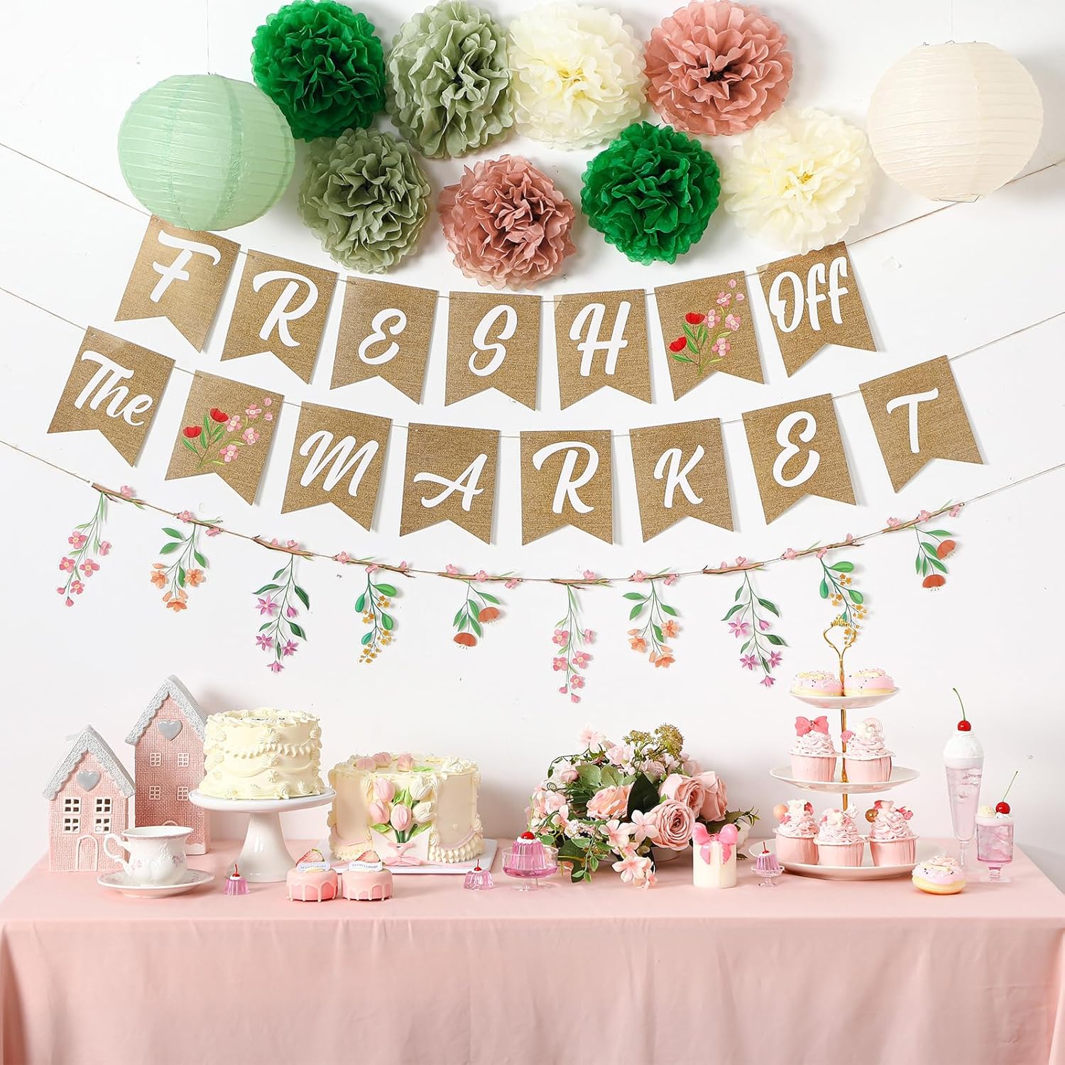 Mooliwe 14 Pcs Bridal Shower Decorations Sage Green Bachelorette Party Decorations Fresh off the Market Banner Wildflower Garland Paper Lanterns for Wedding Bachelorette Engagement Party Supplies