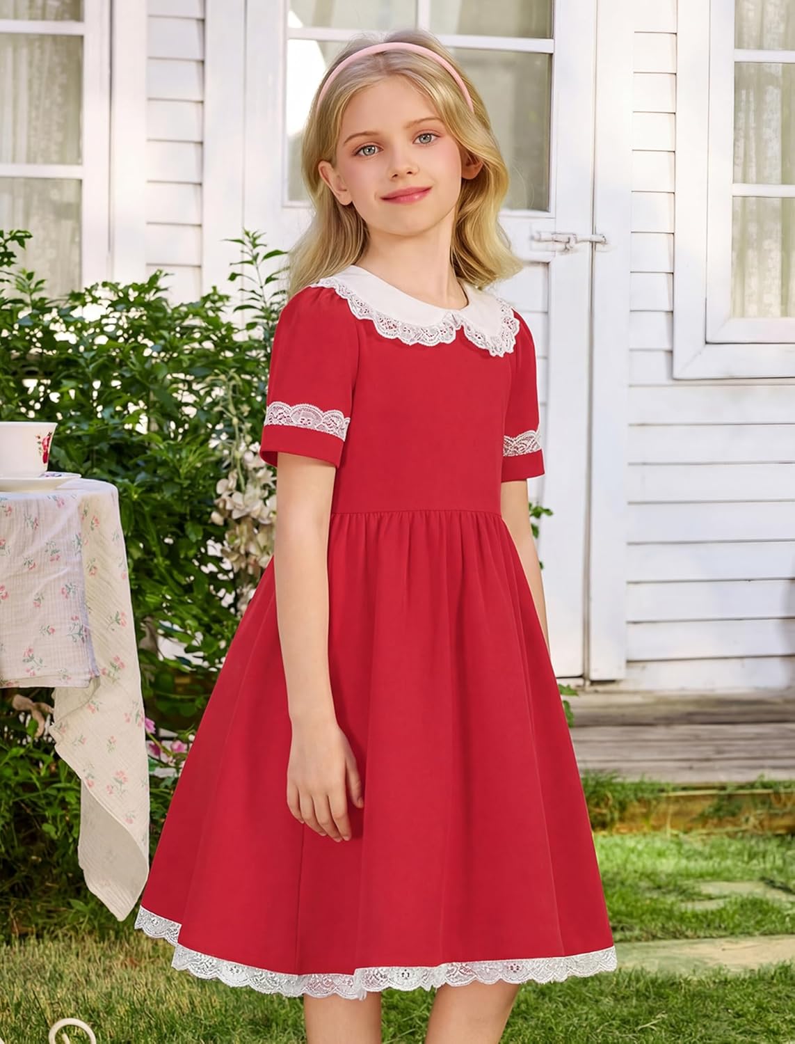 Kids 1950s Vintage Dress for Girls Dollar Collar 50s Tea Party Outfits Audrey Hepburn Style Lace Trim Rockabilly Swing Dress