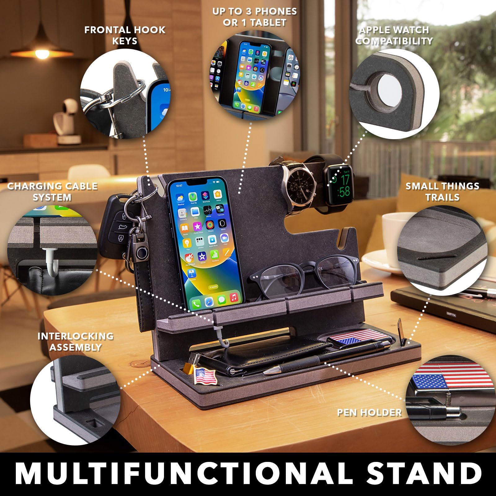 Organizzatore da scrivania Personalizzato con foto, Svuotatasche Compatibile con Smartphone, Supporto Carica Orologio, Regalo per Uomo, Natale, Compleanno, Anniversario, San Valentino