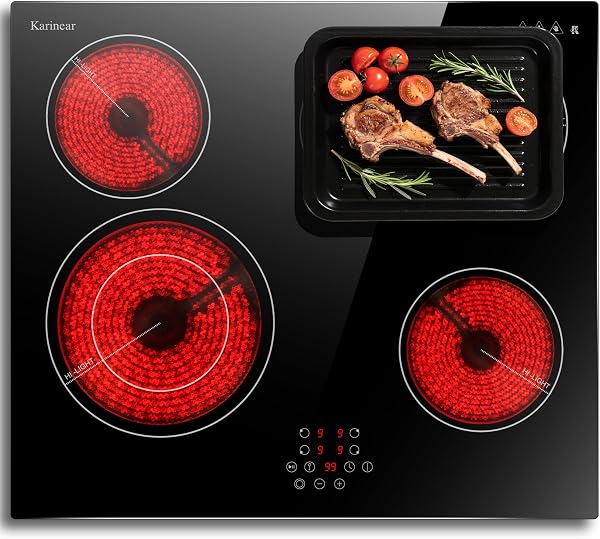 Karinear Ceramic Hob, Built-in Electric Hobs 59 cm with Oval Zone for Grill Pan Touch Control,Up to 99min Timer with Safe Lock,Pause, Heat Indicator Auto Shut-off Black Glass - 1