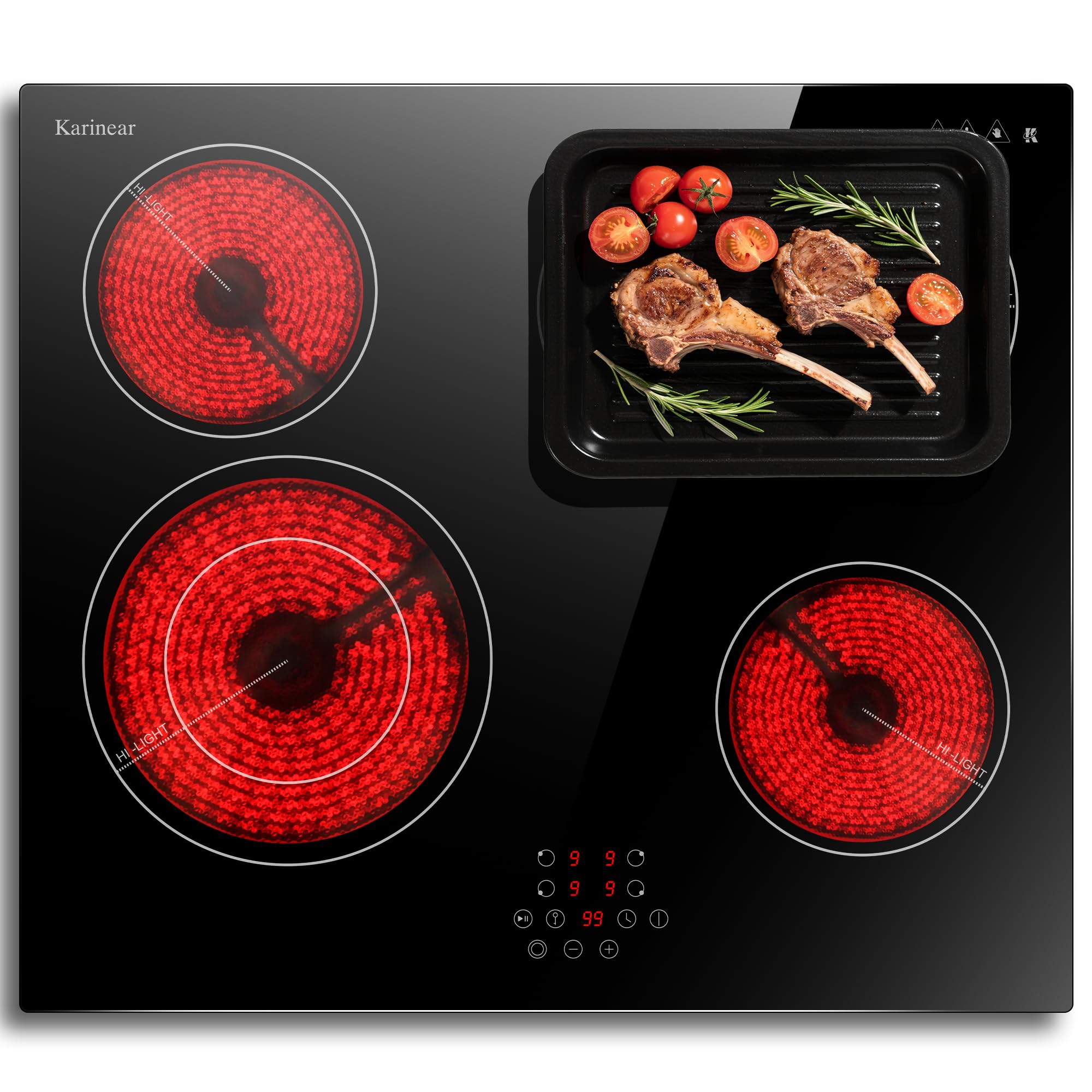 Karinear Ceramic Hob, 60cm Built-in 4 Zones Electric Cooktop with Dual Oval Zone 6600W, Hard Wired, No Plug Included — view 7