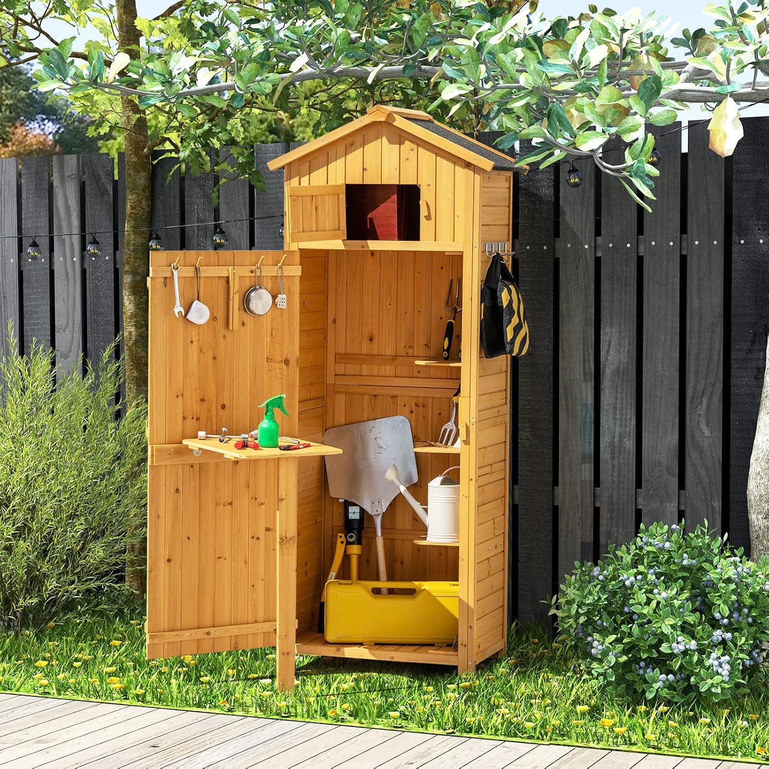 RELAX4LIFE Cobertizo de Madera con Techo a 2 Aguas de Asfalto, Armario de Jardín con 8 Ganchos, 3 Estantes Extraíbles y Mesa Plegable para Herramientas de Jardinería (Natural)