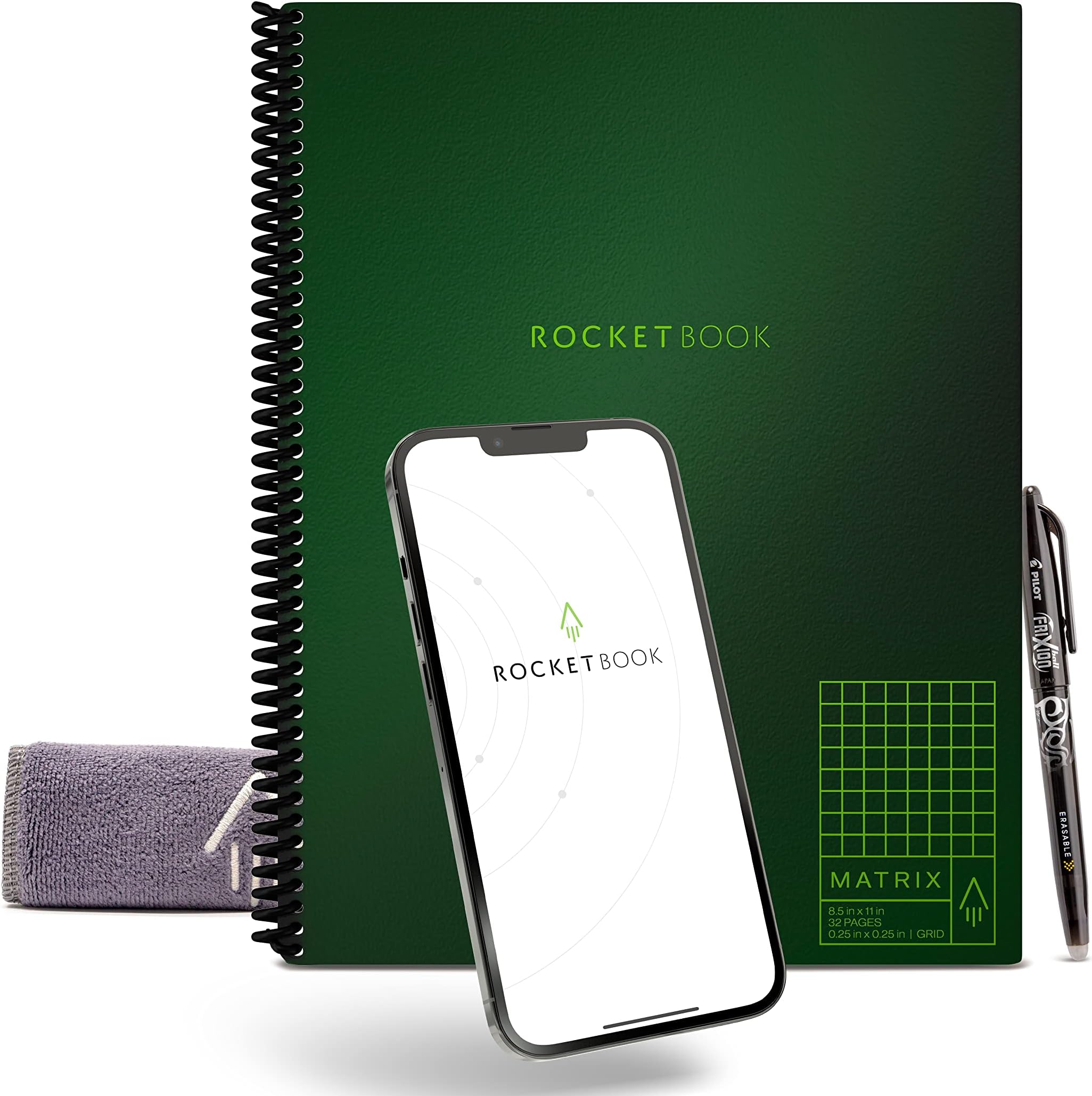 RocketbookMatrix Smart Reusable Graph Notebook | Eco-friendly, Digitally Connected Isometric Notebook | Terrestrial Green, Letter Size (8.5" x 11") with Pen, Cloth, and App Included