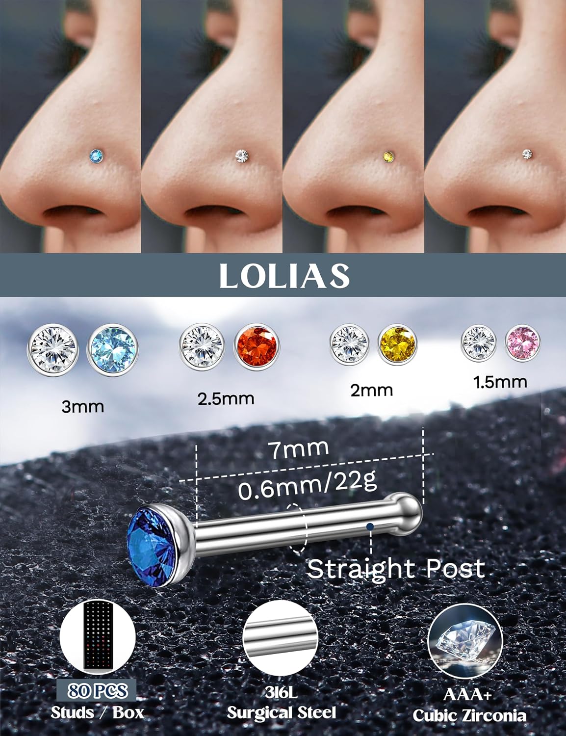 LOLIAS 80-160Pcs Nose Rings Studs for Women Men - Straight or L Shaped Surgical Stainless Steel Small Nose Studs Pin - Hypoallergenic 20G 22G Tiny Nose Piercing Jewelry 1.5/2/2.5/3 mm CZ