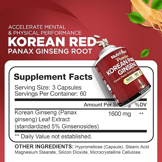 Nutrivein Korean Red Panax Ginseng 1600mg Extra Strength Formula 180 Capsules Boost Energy, Mental Focus & Immune Health Naturally
