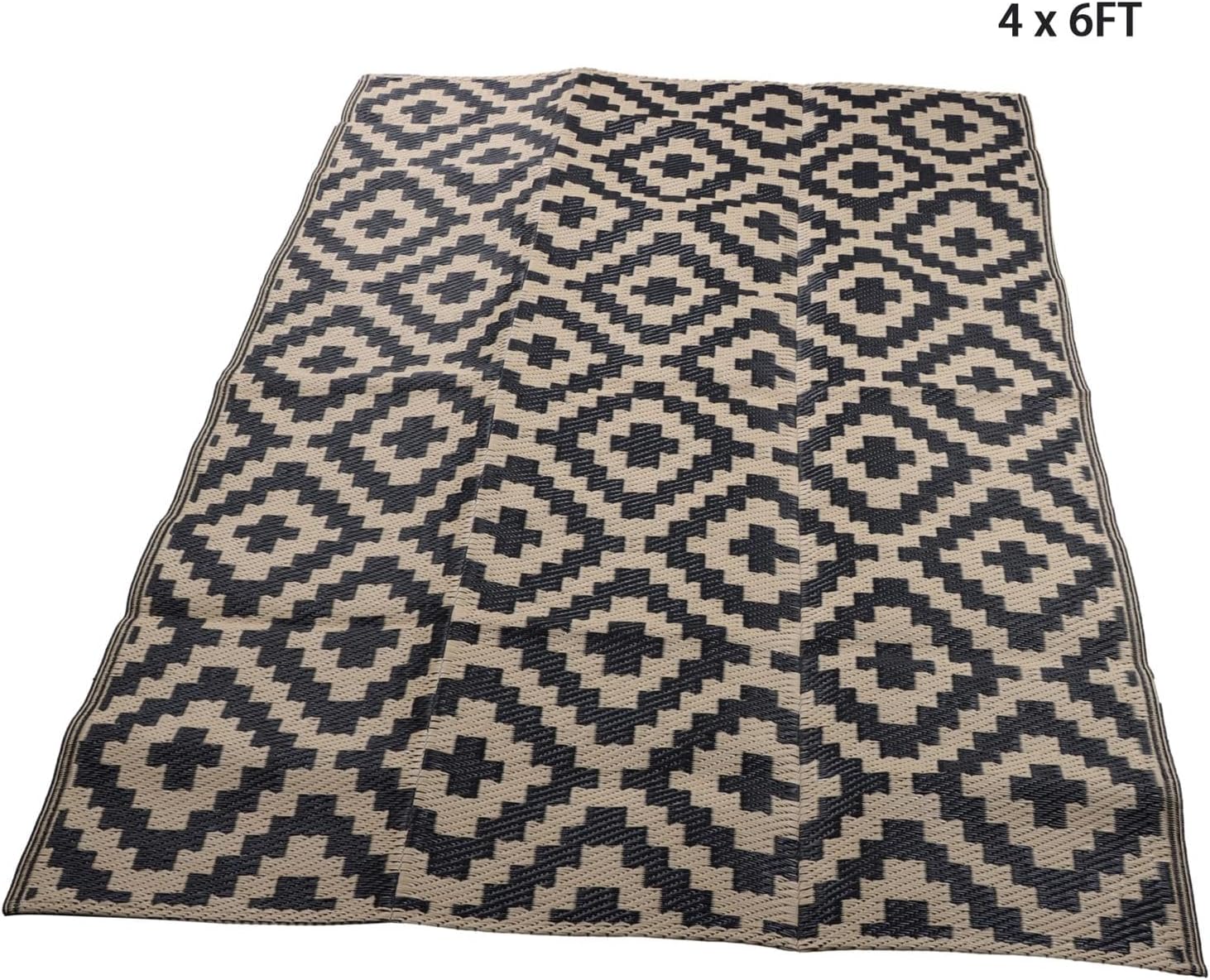 Black Beige Outdoor Carpet, Large Camping Mat, Reversible Plastic Woven Lawn Mats Suitable for Patios, Decks, Benches, Picnics, and Other Outside Spaces