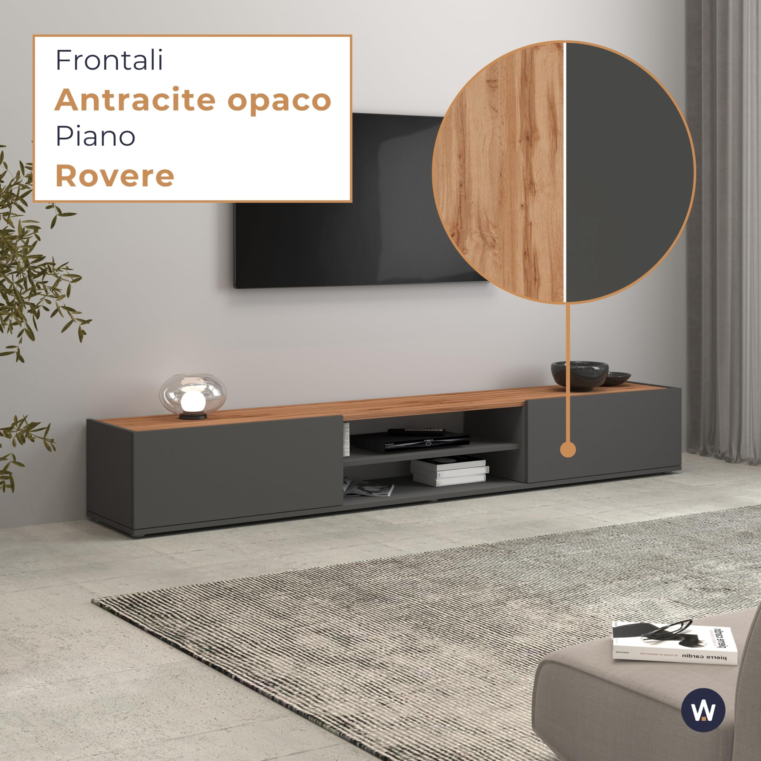 WHOUS Mobile Porta TV Sospeso GARDA per Soggiorno con 2 Ante a Ribalta e 1 Ripiano Centrale, Mobile Tv a Parete per Salotto, 210x35x30 cm, Antracite Opaco e Rovere