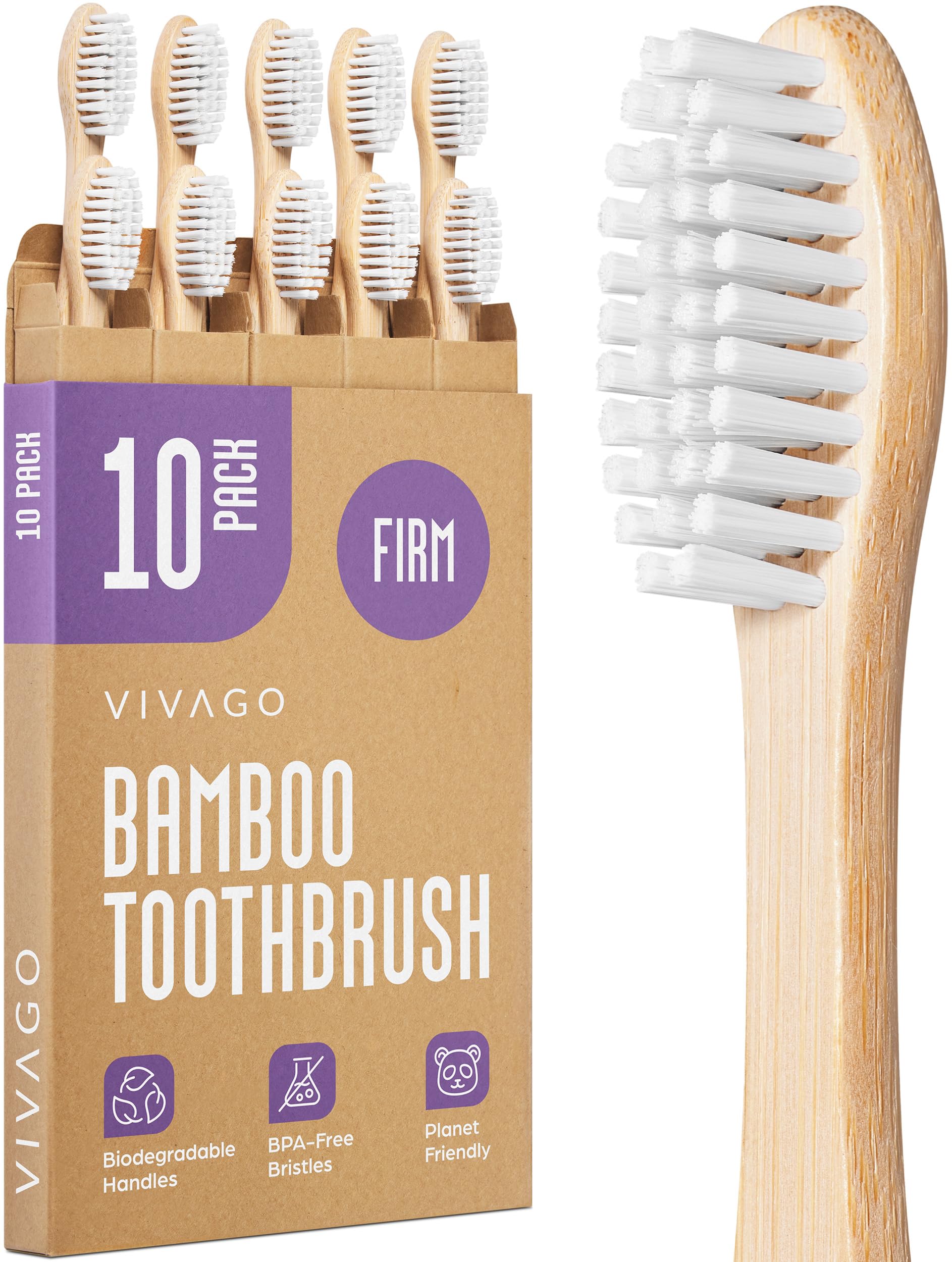 VIVAGO Firm Toothbrushes for Adults - 10 Pack - BPA Free Hard Bristle Toothbrush Firm - Bamboo Toothbrushes Hard
