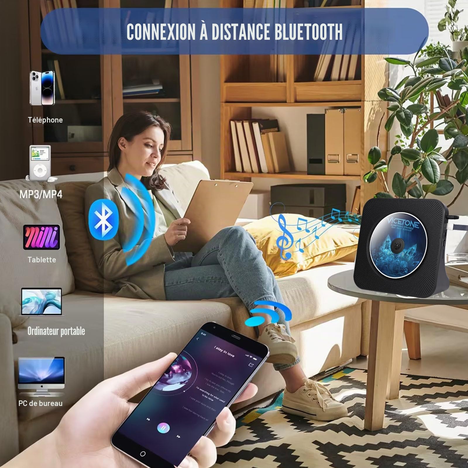 Lecteur CD Bluetooth avec Design Bureau, Lecteur CD Radio Portable avec Double Haut-parleurs & minuterie, Supporte entrée AUX/USB, Radio FM, Prise Casque, Transmission Bluetooth, écran LCD