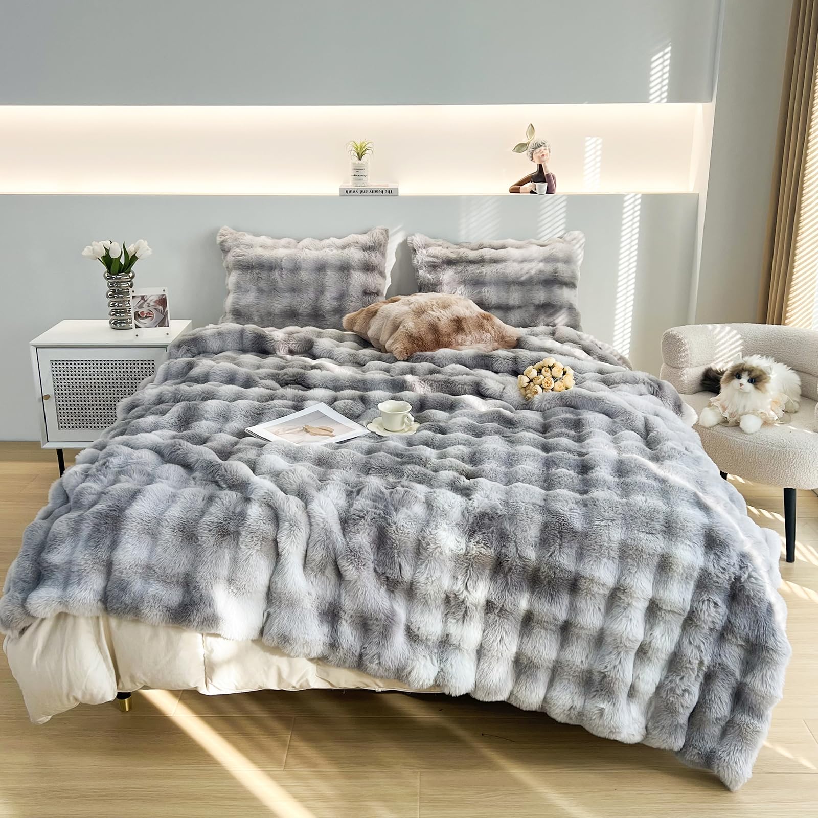 PHF Faux Rabbit Fur Throw Blanket – Ultra Soft, Reversible, 50x60 Inches (Bubble Grey) - View #8