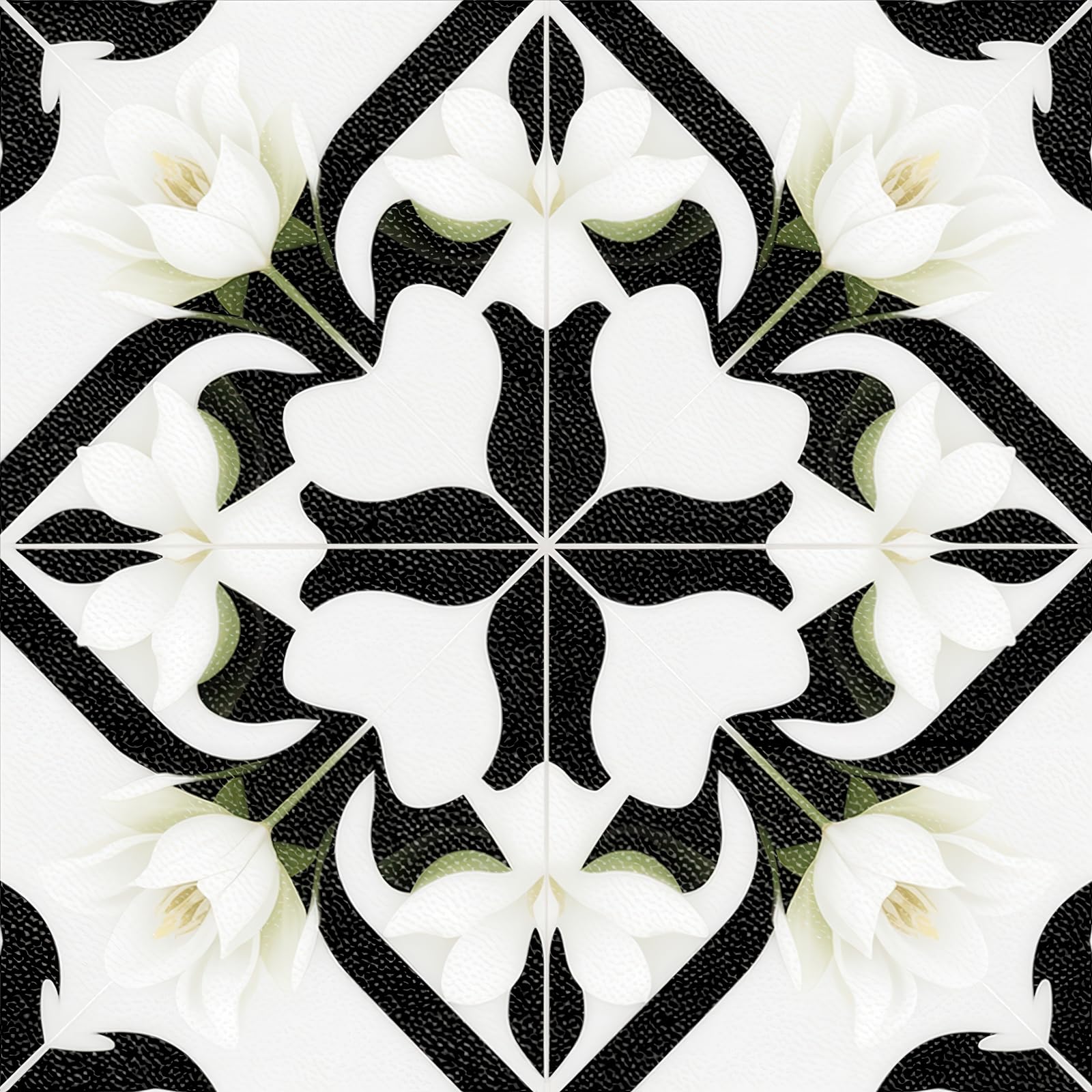 HOMETITUTE 10 piastrelle adesive rimovibili per pavimenti in vinile con motivo giglio bianco e nero, 30,5 x 30,5 cm, per cucina, bagno, soggiorno, ingresso, decorazione per la casa