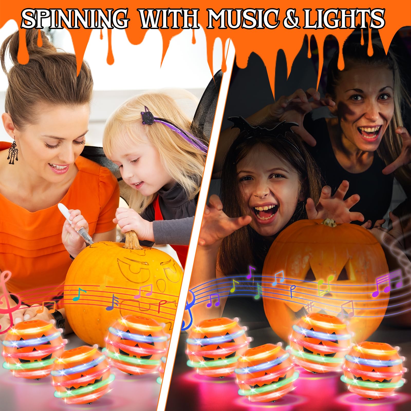 Halloween Mitgebsel Kinder, Halloween Kreisel fürJungen und Mädchen, 4 Stück Kürbis-Kreisel mit Licht und Musik, Dekompressions Ziehspielzeug für Jungen Mädchen Party Mitgebsel