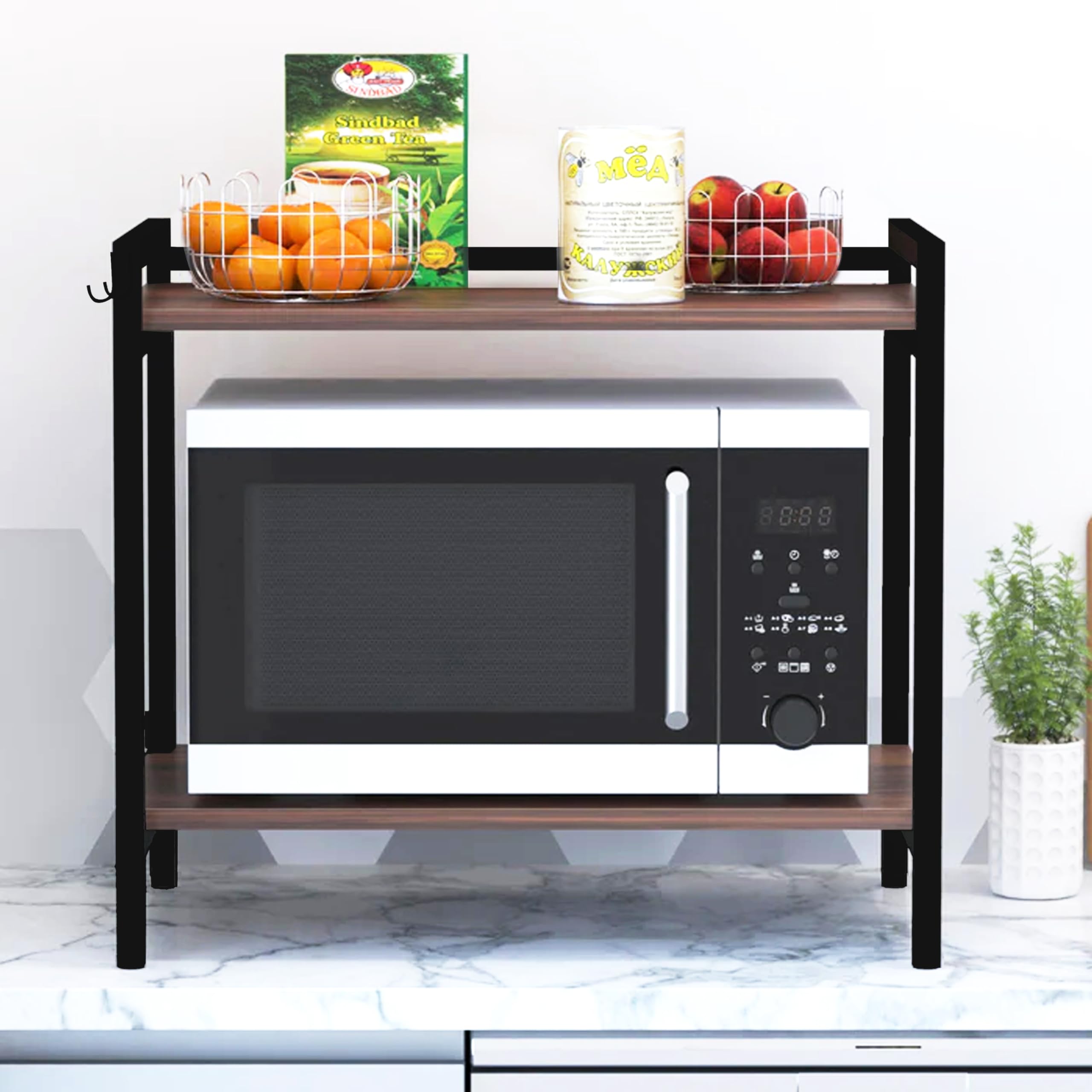 Zolmix® Wooden Microwave Stand | Adjustable Kitchen Storage Shelf for Microwave Oven, Toaster, Coffee Maker | Multi-Purpose Wooden Trolley Stand with Storage Cabinet, Organizer for Kitchen with Hooks