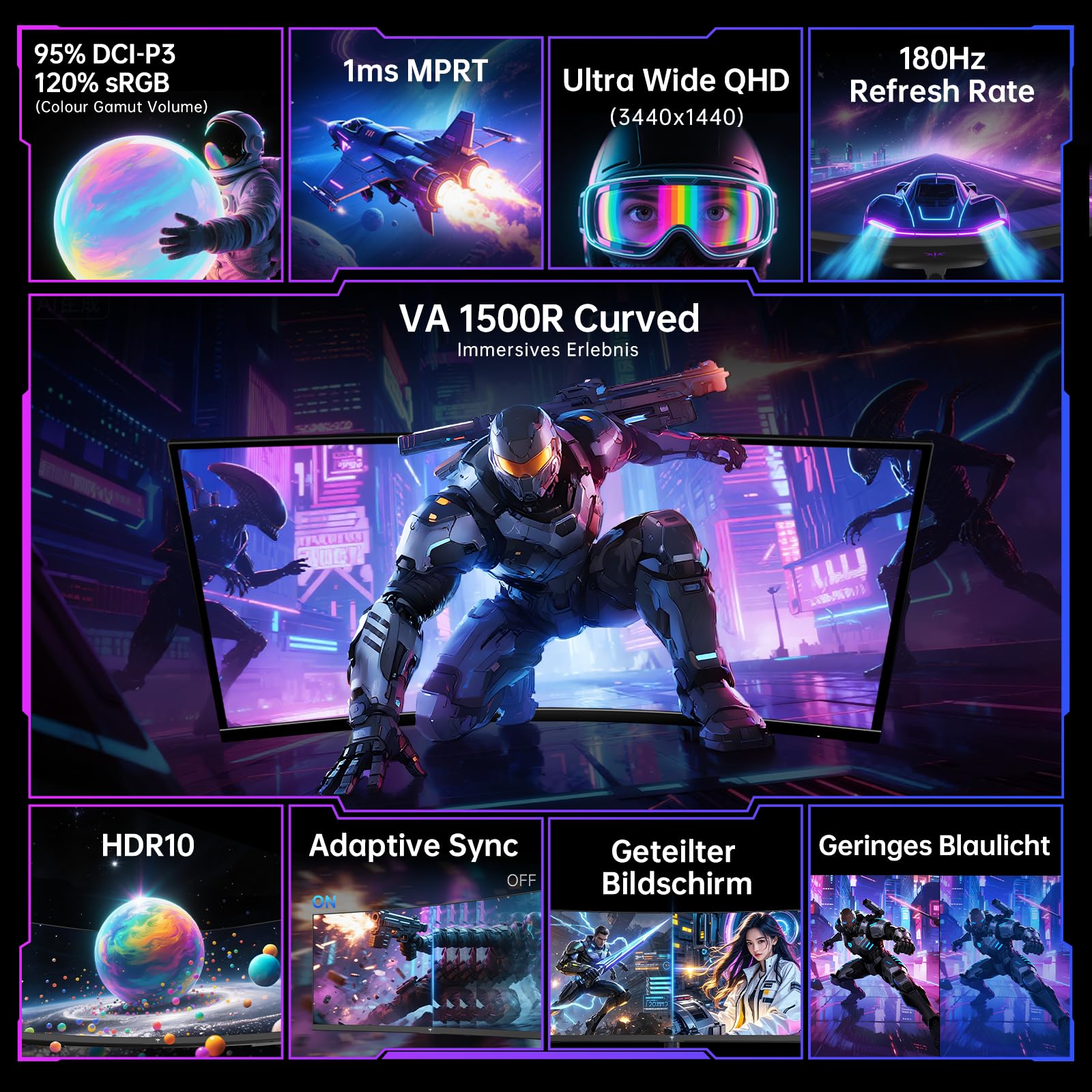 KTC 34 Zoll UWQHD 3440x1440 180Hz Gaming Monitor, 21:9 VA Panel 1500R, 1ms MPRT, HDR 10, Adaptive Sync
