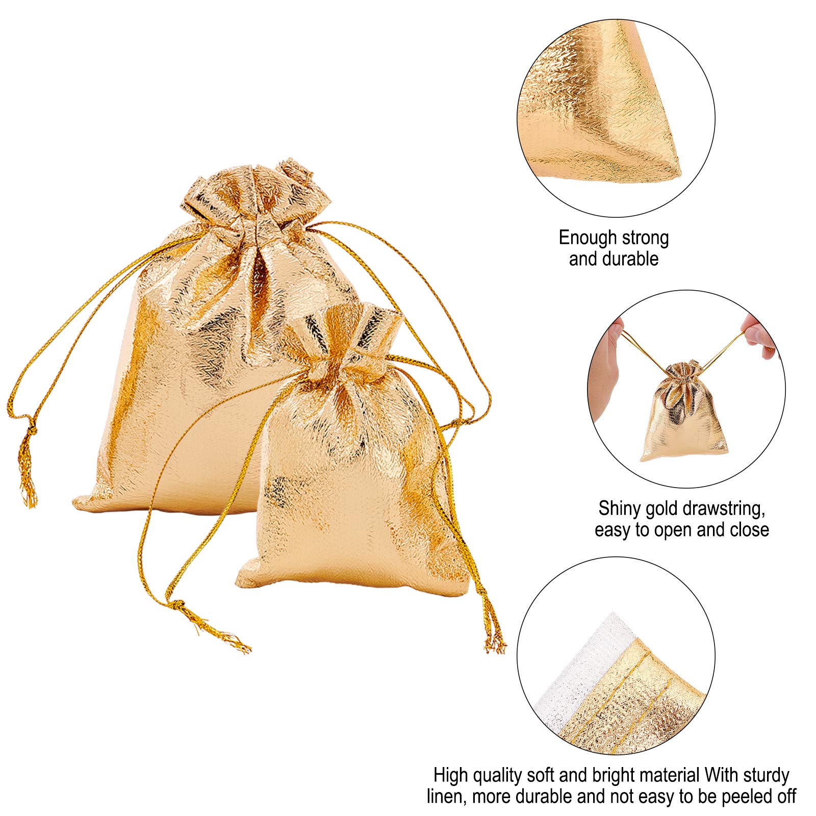 PandaHall 60pcs Sacs Cadeaux Dorés, 12x9cm / 7x9cm Pochettes d'emballage Cadeau Sac Rectangulaire en Organza Sac de Rangement à Cordon pour Bijoux Bonbons Mariage Fête des Mères, Noël
