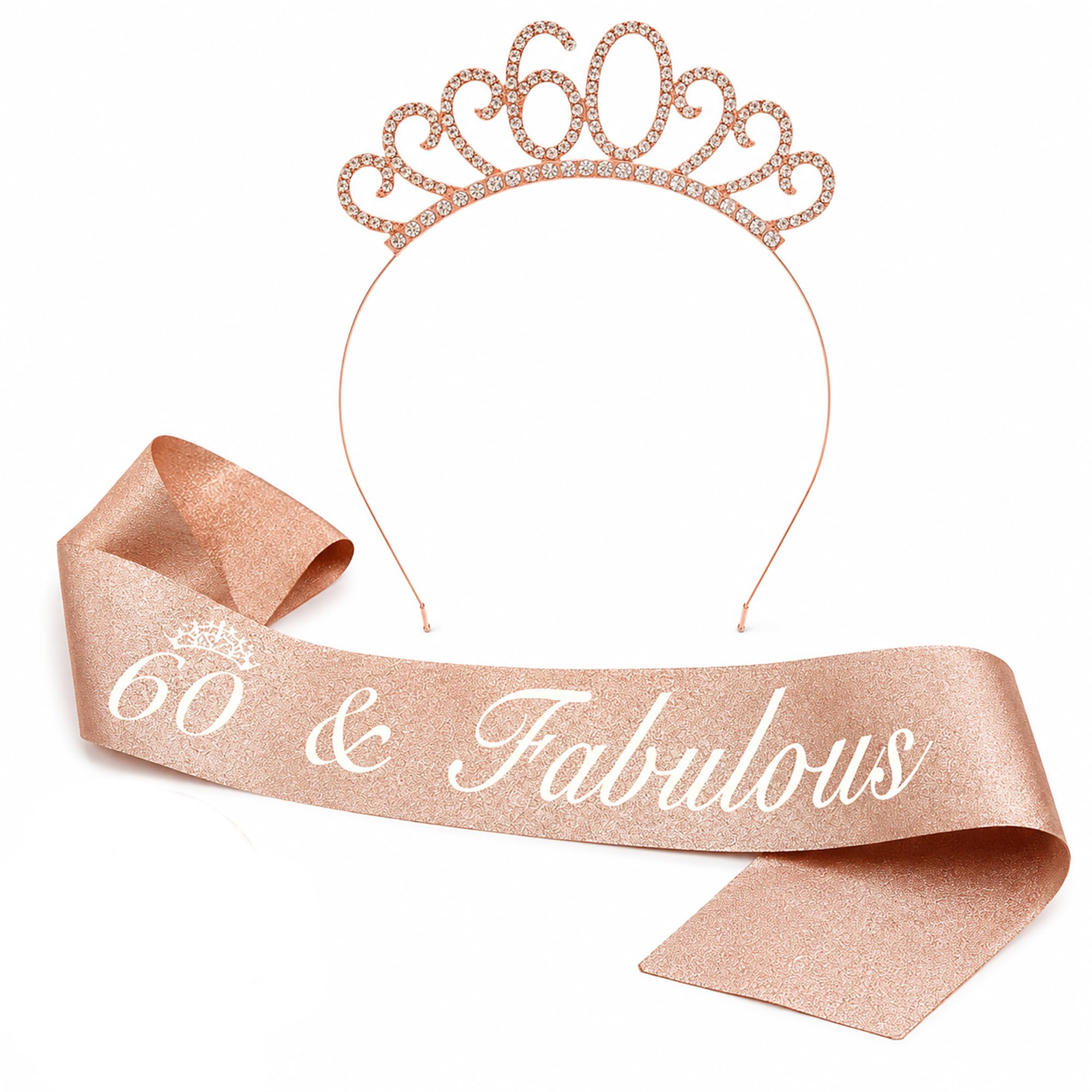 EZOOU 60th Birthday Sash and Tiara Set for Women – Rose Gold 60 and Fabulous Birthday Sash with Rhinestone Crown Headband – 60th Birthday Decorations and Party Accessories for Women