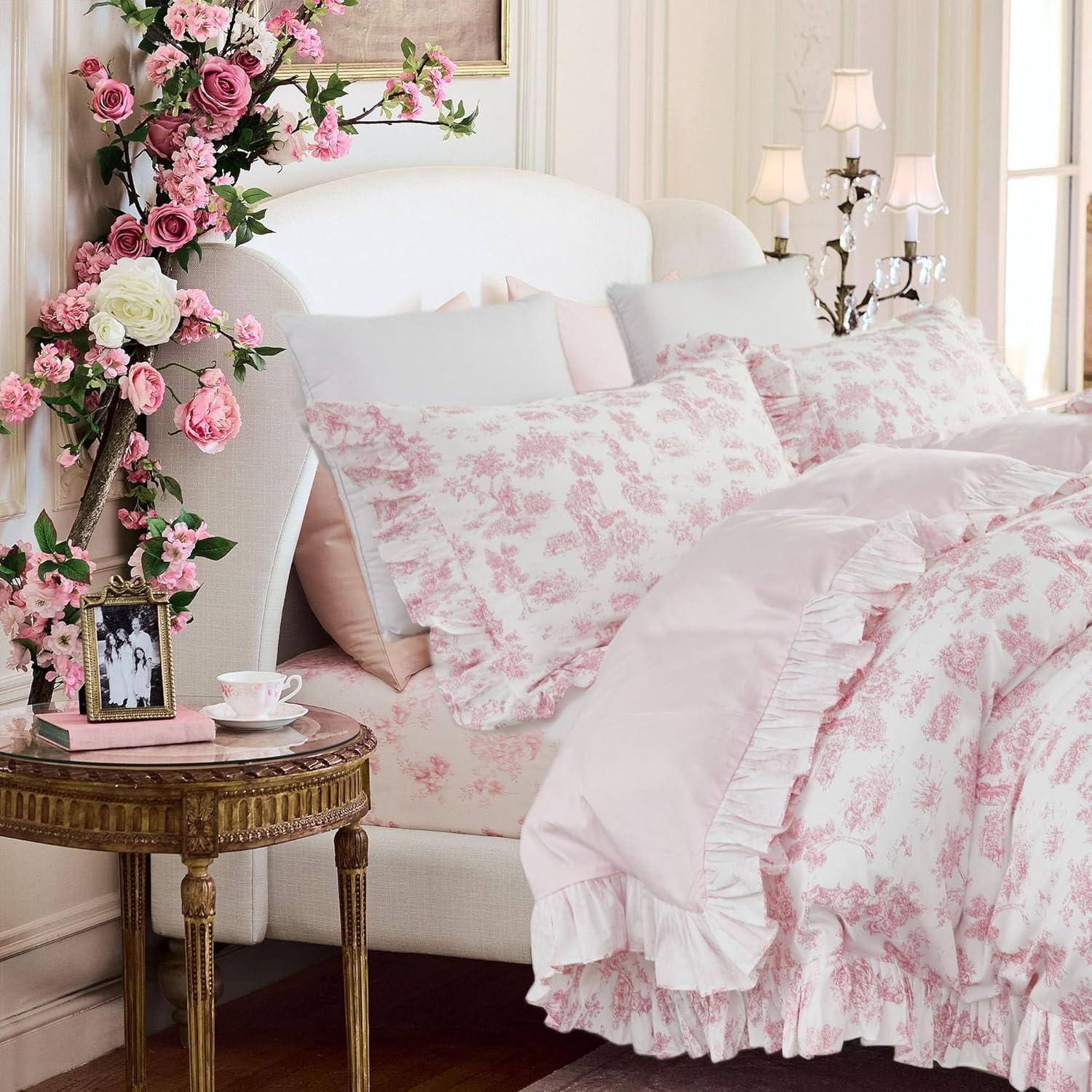 Brandream French Country Toile Queen Duvet Cover Set for Girl Women Bedroom Vintage Pink Toile Floral Print 100% Cotton Duvet Quilt Comforter Cover Pillow Shams Set with Delicate Ruffle Fringe