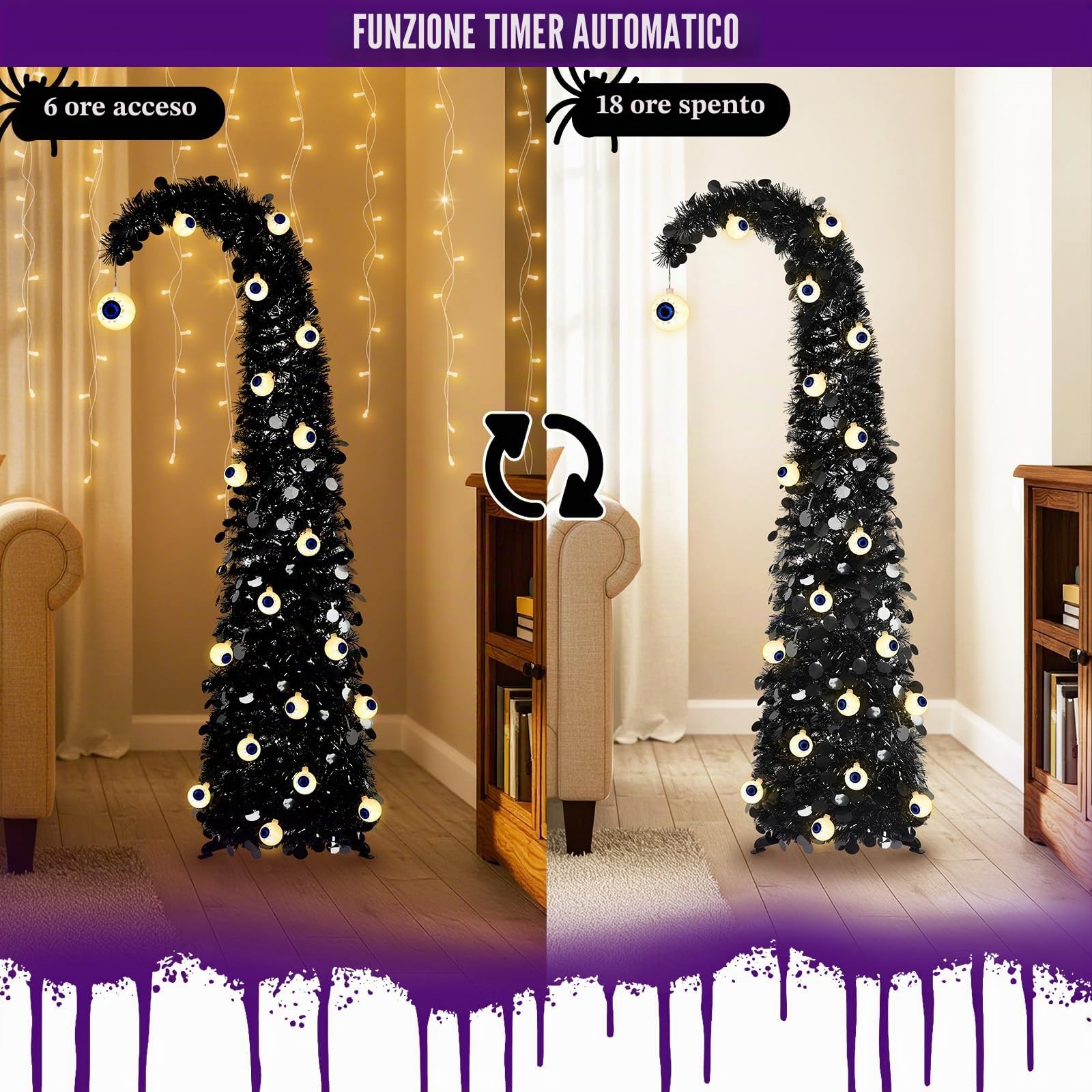 MACTING Albero di Natale stravagante con bulbo oculare, 1,5 m, nero, pop-up con 30 luci a bulbo oculare, albero curvo pieghevole per appartamento, portico, interno, esterno, decorazione natalizia
