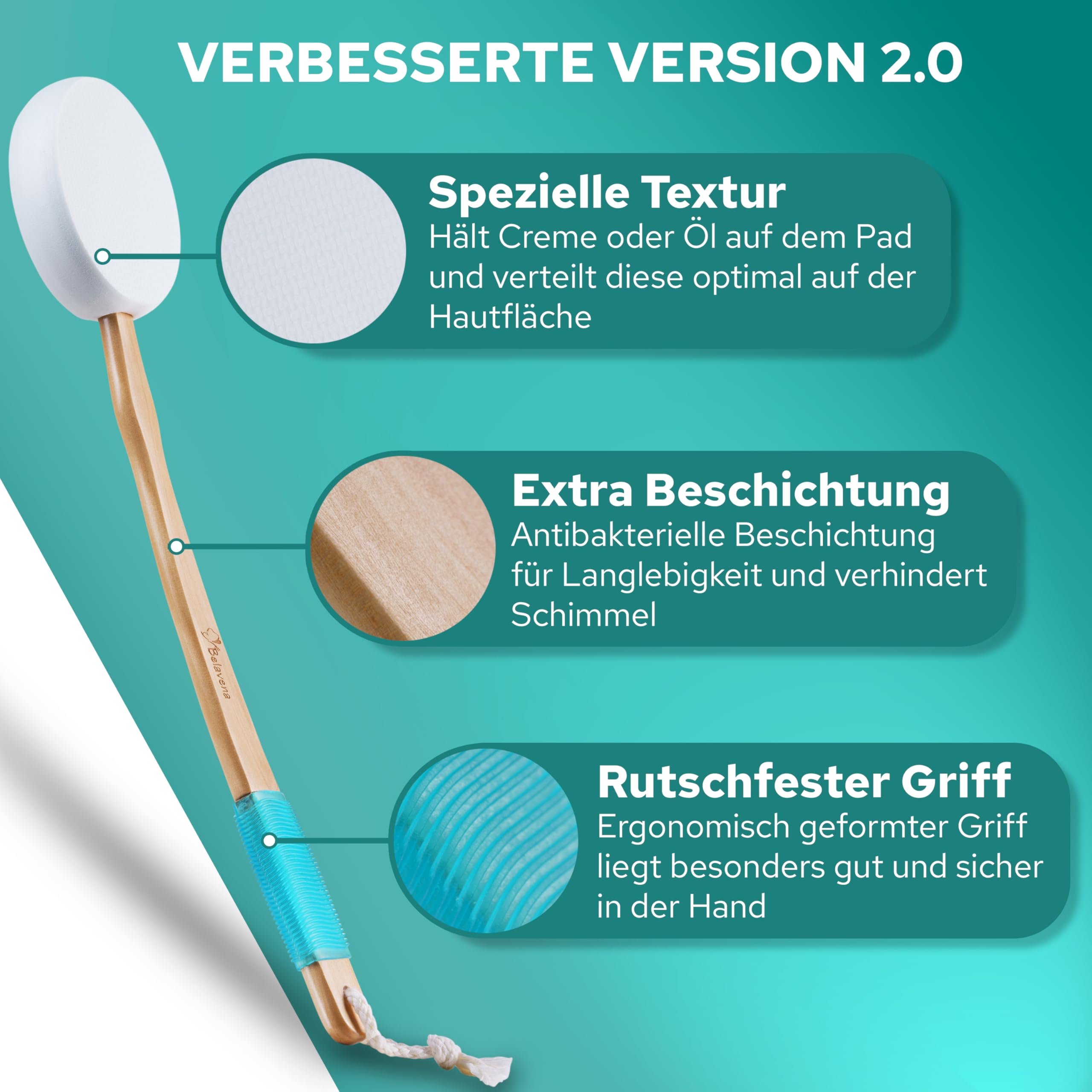 BELAVENA© Crema para espalda | Concepto mejorado 2024 – Cuidado óptimo de la espalda con crema para la espalda/cepillo de espalda incluye 4 almohadillas intercambiables, crema de espalda / crema de
