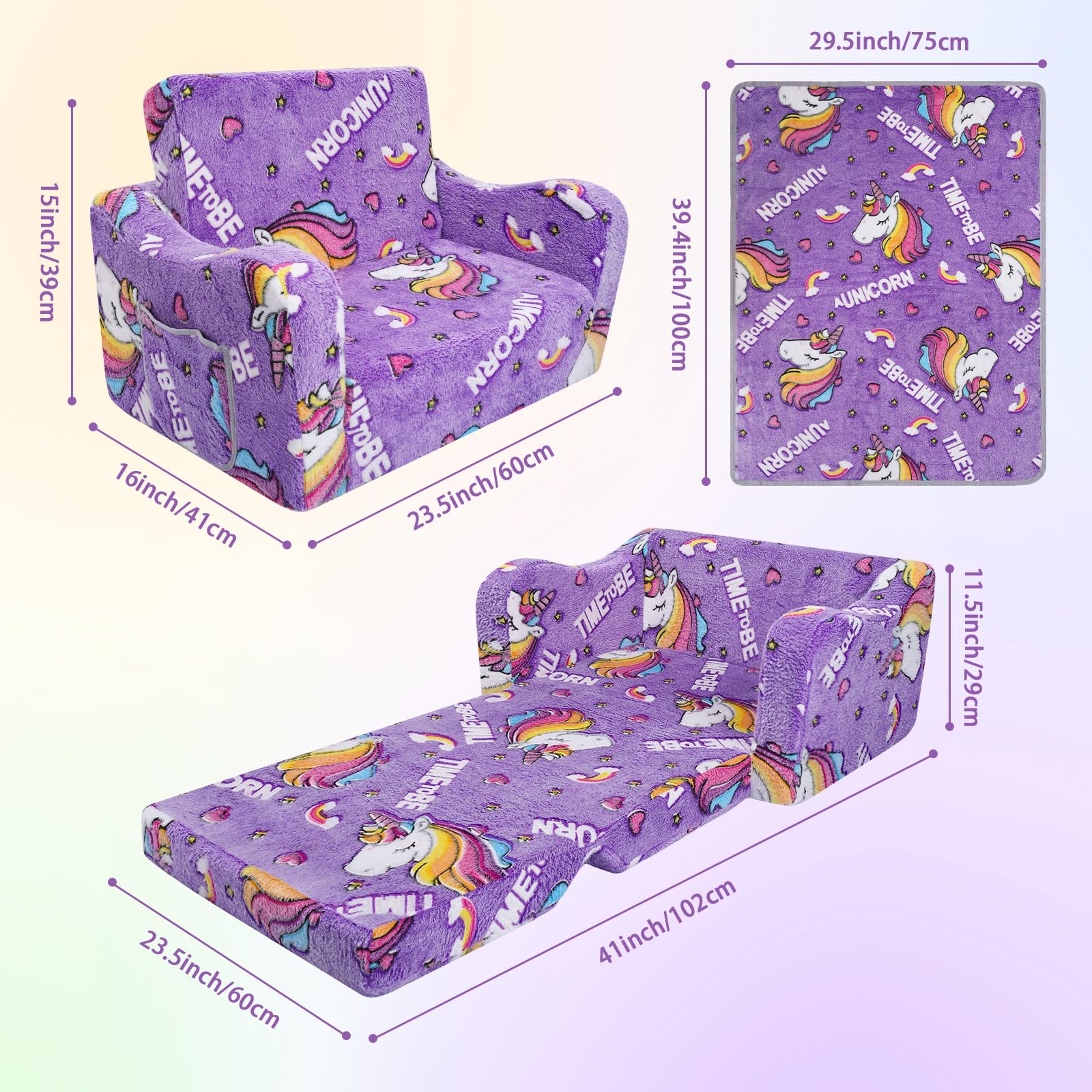 Divano Bambini Trasformabile 2-in-1,Stabile Poltroncina Pieghevole per Bambini Ragazze con Coperta ,Comoda Divano Letto per Bambini che Brillano nel Buio per Camere da Letto e Soggiorno,Unicorno Viola