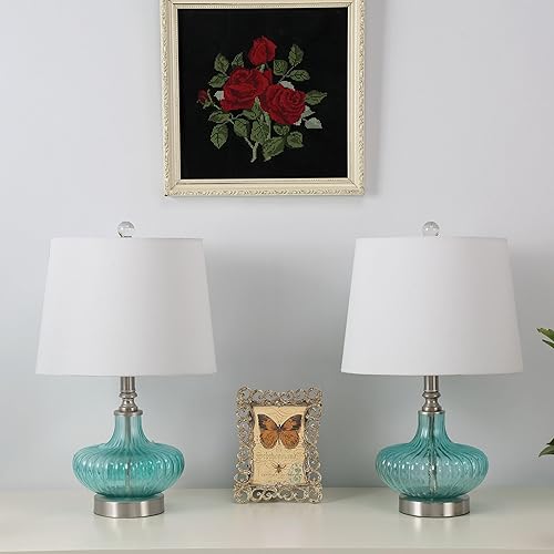 Miniatura 8 de Juego de 2 lámparas de mesa de cristal de 19 pulgadas, modernas lámparas de noche de color aguamarina costera con pantalla de tela blanca para sala