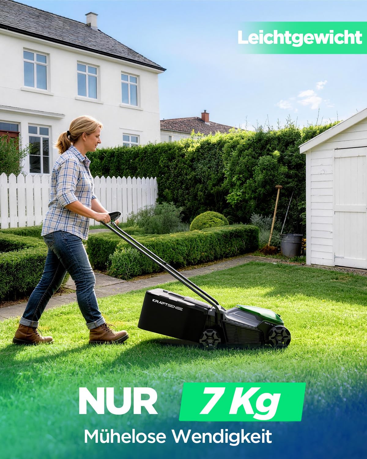 Akku-Rasenmäher für kleine Gärten, 33 cm Arbeitsbreite, bürstenloser Antrieb, 2-in-1 Mulchen & Fangen, mit 5,0 Ah Akkus für bis zu 300 m² pro Ladung, inkl. Typ-C-Ladekabel