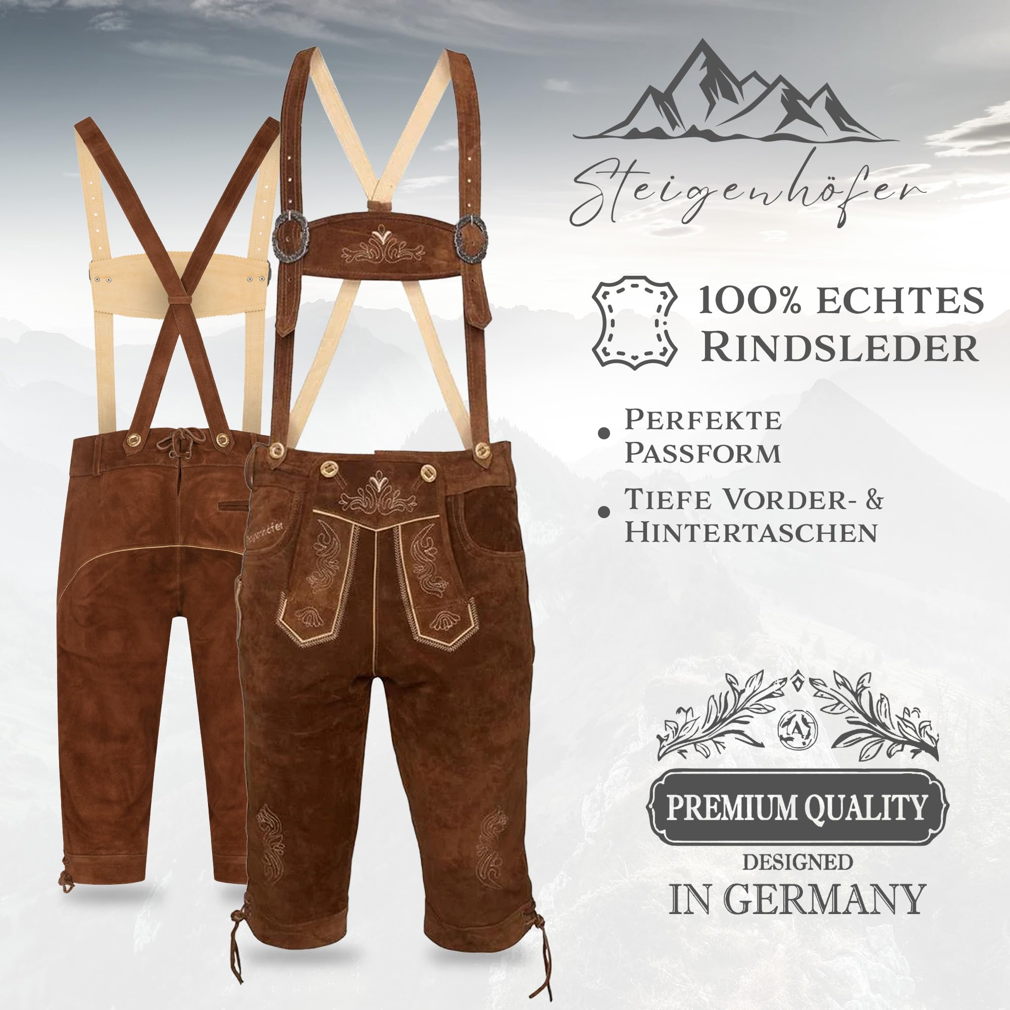 STEIGENHÖFER Lederhose Herren Tracht Kniebund - Reinhold - Trachtenhose mit Trägern - 100% Rindsleder - Traditionelle Echtlederhose - Ideal für Dein Oktoberfest Herren Outfit