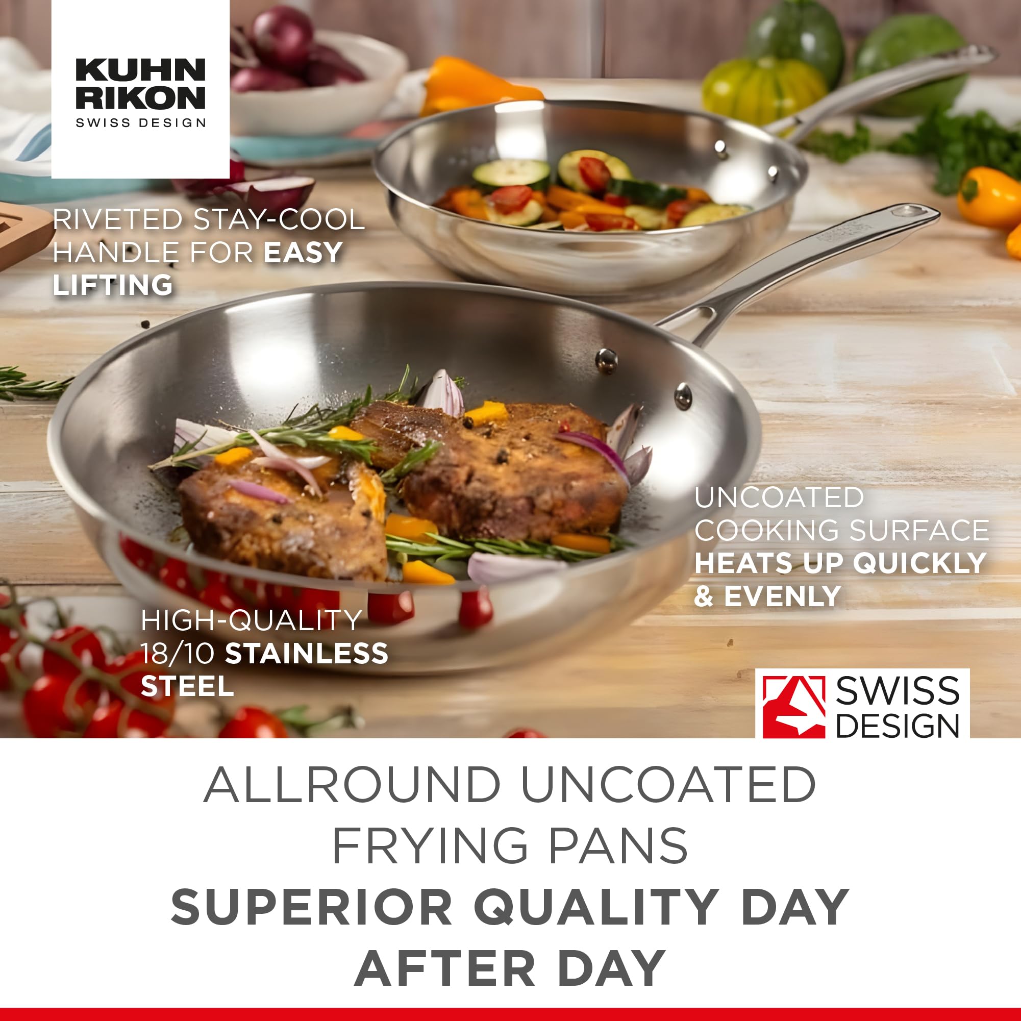 Kuhn Rikon Frying Pan 28cm, Stainless Steel Uncoated Fry Pan with