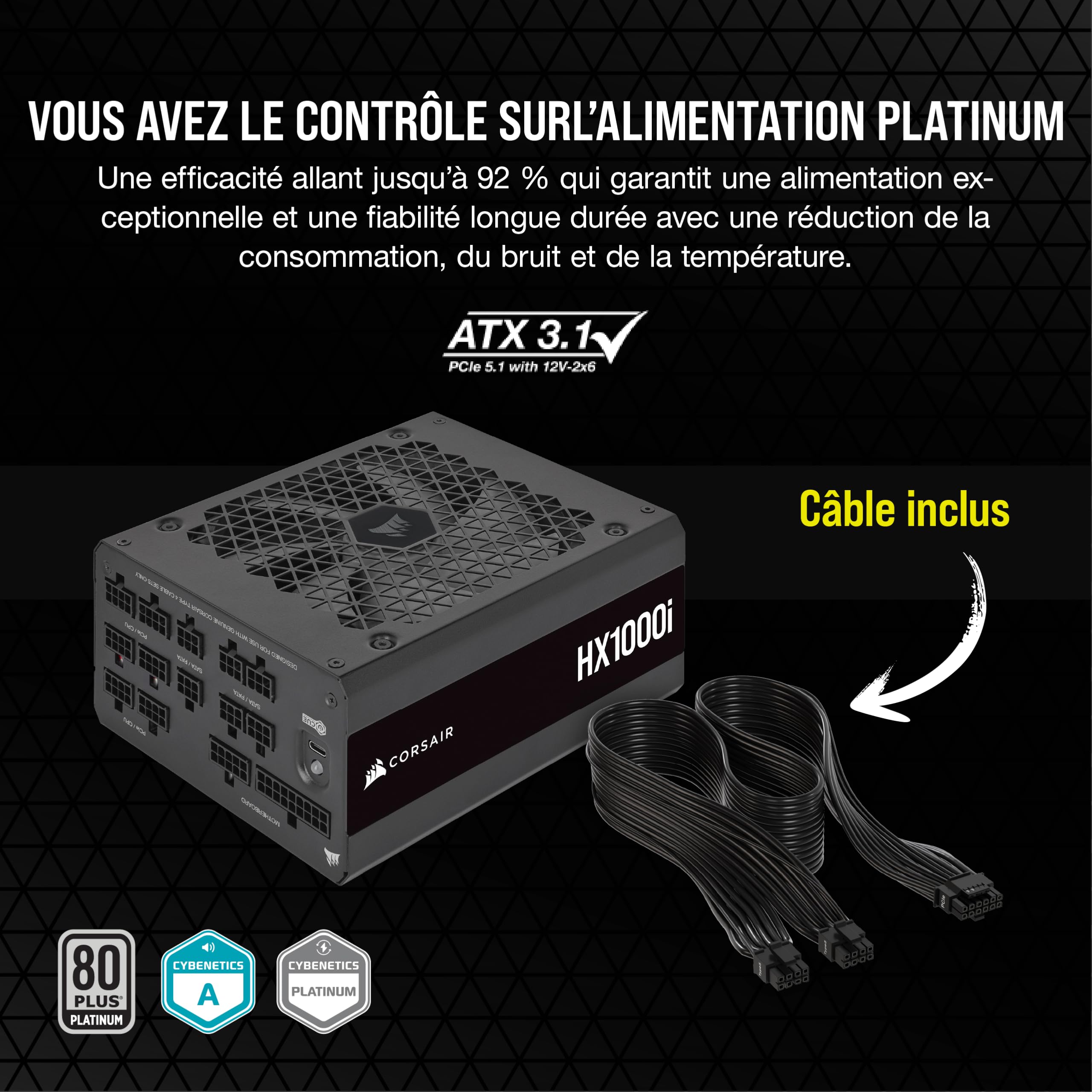 Corsair HX1000i Alimentation ATX Entièrement Modulaire – Noir | Efficacité 80 PLUS Platinum, À Très Faible Bruit, Compatible ATX 3.1 et PCIe 5.1, Compatible Avec le Logiciel CORSAIR Icue