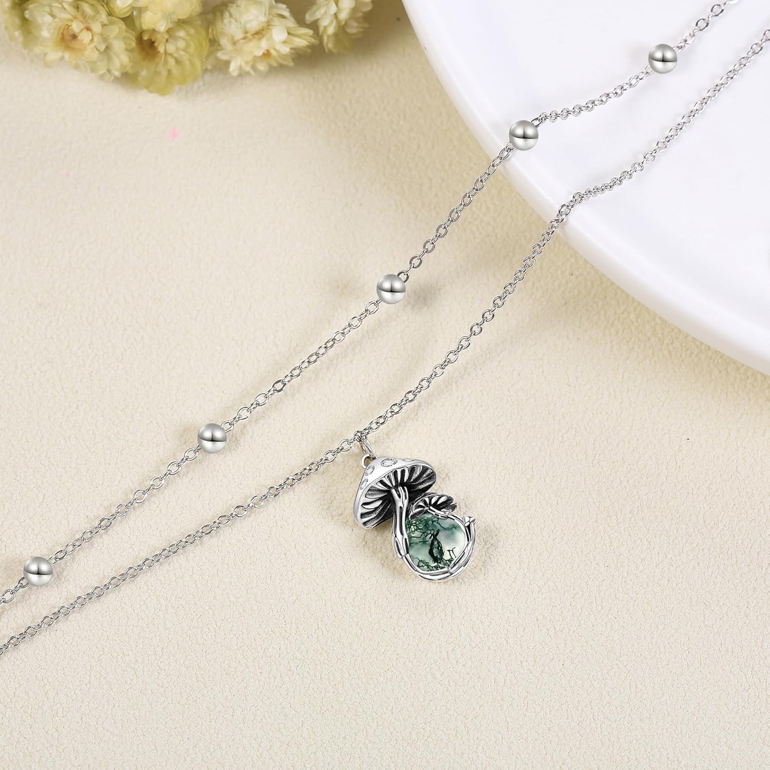 YAFEINI Mushroom/Fairy Anklet Sterling Silver Moonstone/Moss Agate Anklet Bracelet Mother's Day Jewelry for Women Mom - Image 3