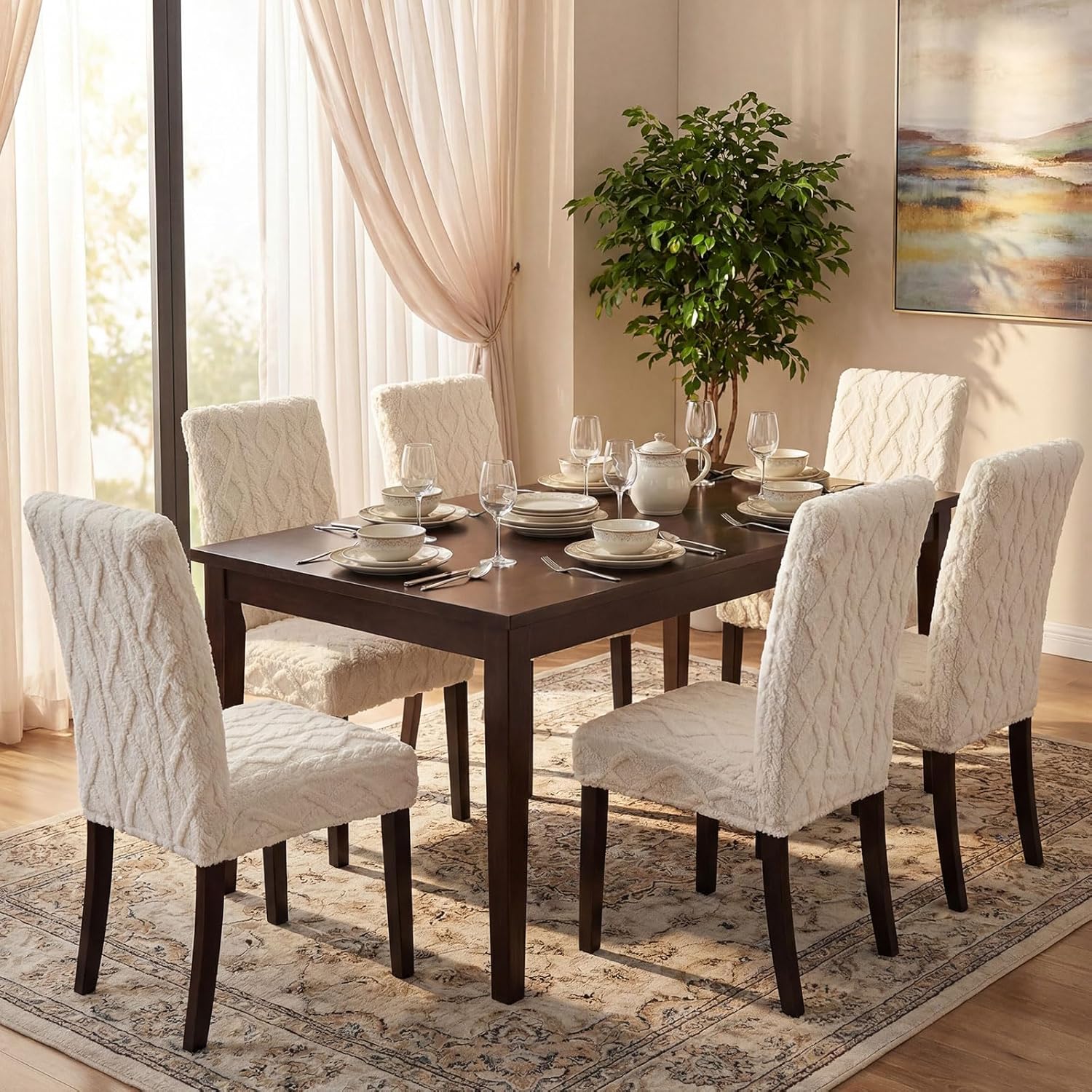 Moukeren 6 Pcs Decorative Stretch Jacquard Dining Chair Cover Dustproof Boho Faux Fur Chair Cover Removable Washable Slipcover Protector for Bedroom, Living Room, Kitchen, Hotel, Banquet (Light Beige)