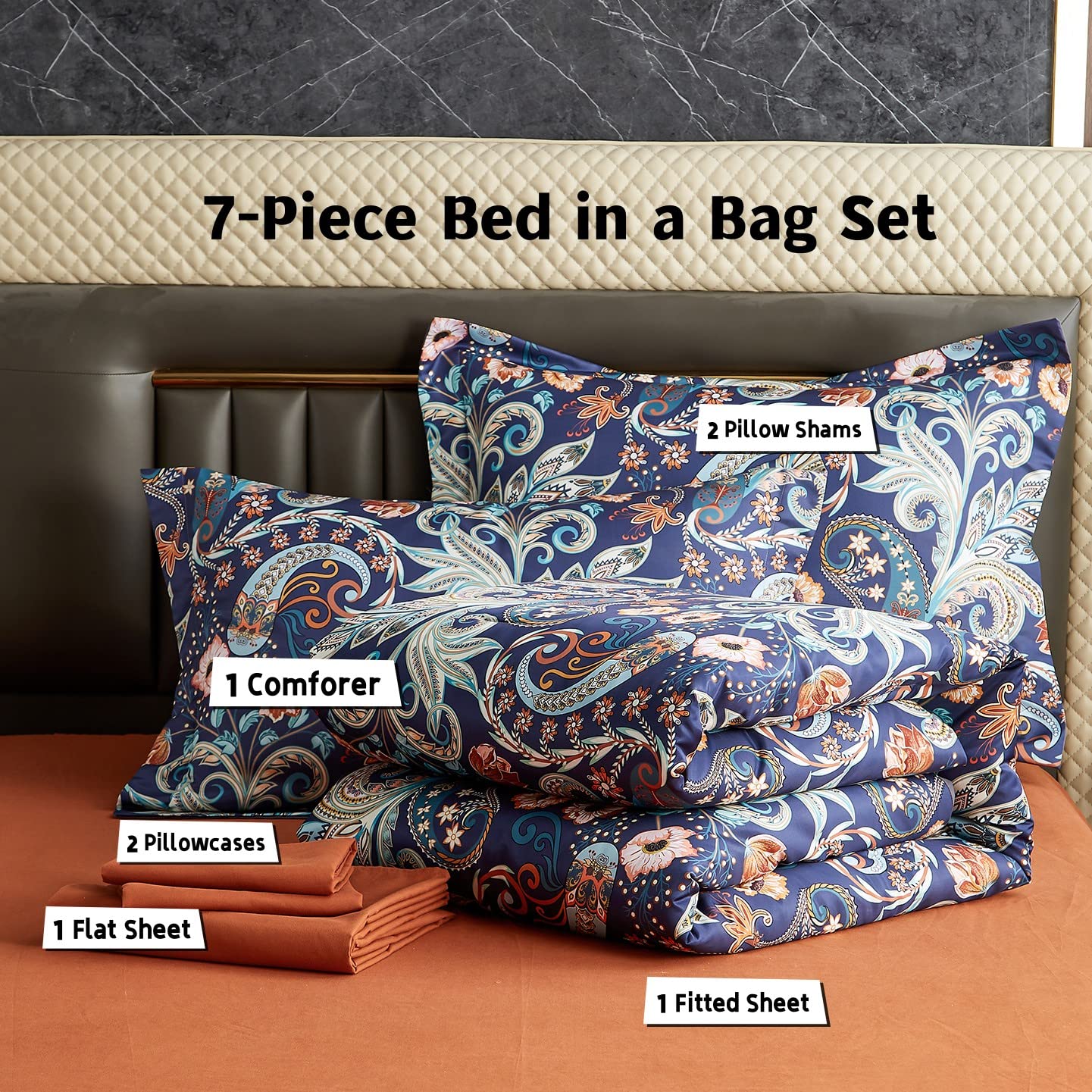 VISIMISI Set Copripiumino Reversibile In Cotone King Size - Motivo Floreale Paisley, 3 Pezzi (1 Copripiumino 244x274 Cm + 2 Federe 50x244 Cm)