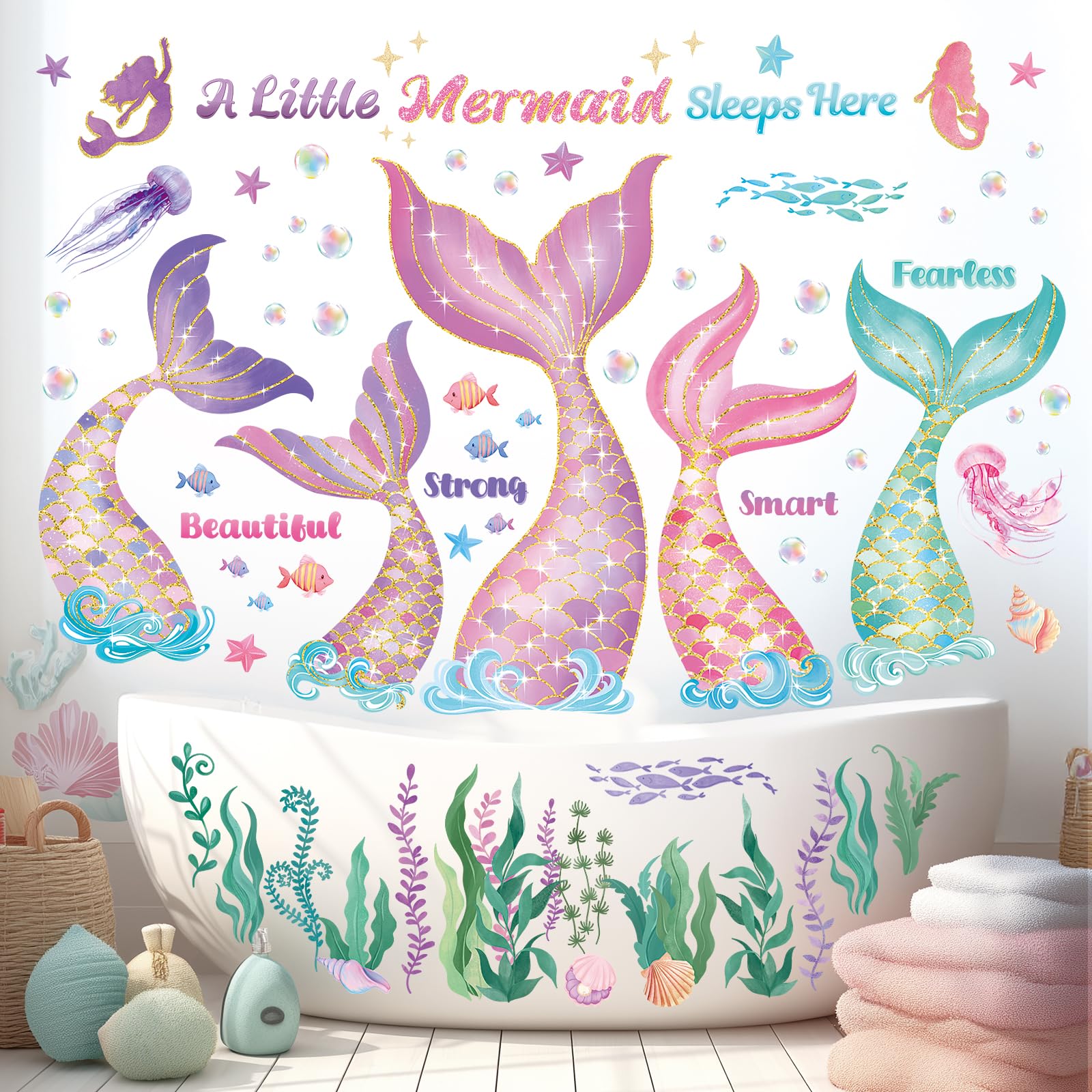 DECOWALL Mermaid Wall Stickers Under The Sea Wall Decals Bubble Seaweed Peel and Stick for Girls Bedroom Baby Nursery Bathroom Decor (SG2-2505)