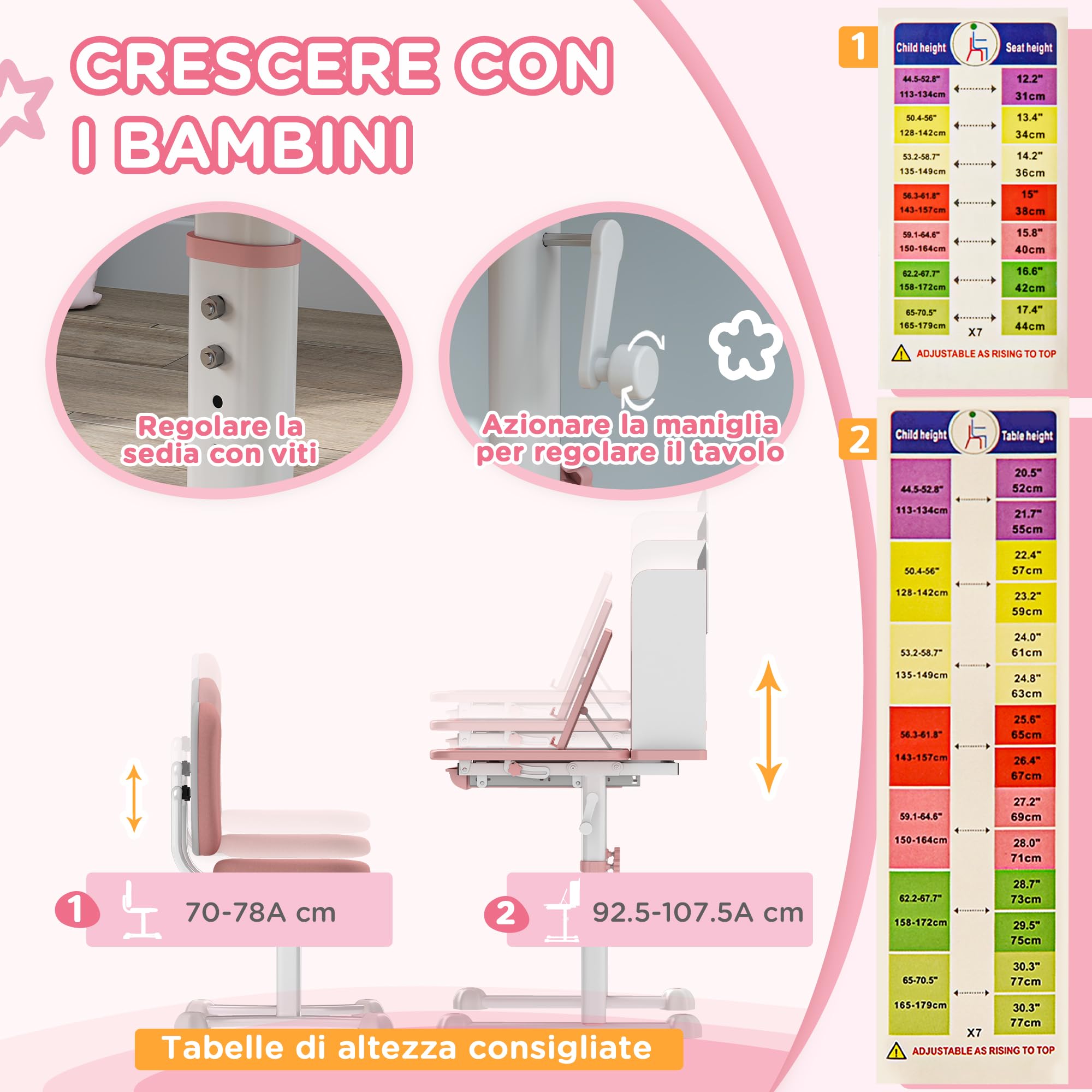 AIYAPLAY Set Scrivania e Sedia per Bambini 3-12 Anni Regolabili in Altezza, Banco Scuola con Piano Inclinabile 45°, Cassetto, Scaffale, Portapenne e Leggio, in Acciaio e MDF, Rosa