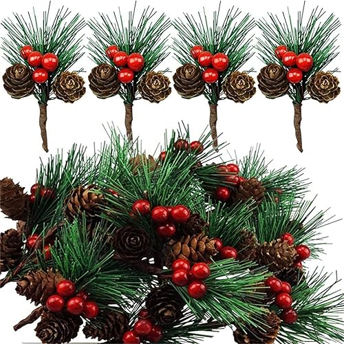 SeaISee Paquete de 20 palillos de pino artificiales con piñas artificiales y bayas rojas para fiestas de Navidad, arreglos florales, coronas y SeaISee Paquete de 20 palillos de pino artificiales con piñas artificiales y bayas rojas para fiestas de Navidad, arreglos florales, coronas y