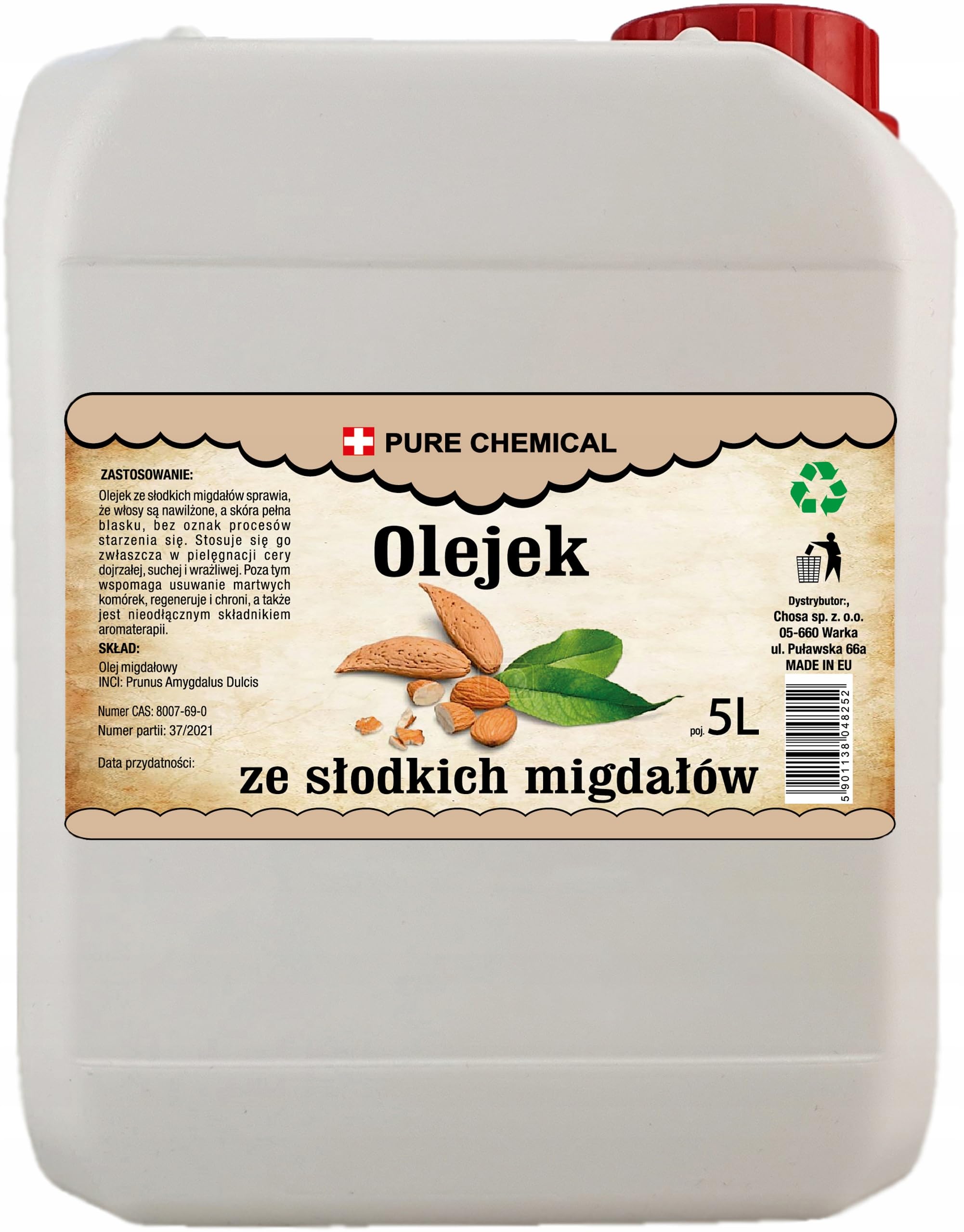 CHOSA Olio di Mandorle Dolci 5L - Olio Naturale per Viso Corpo Capelli, Idratante e Nutriente, Migliora Elasticità e Luminosità Pelle, Perfetto per Massaggi e Cura Quotidiana